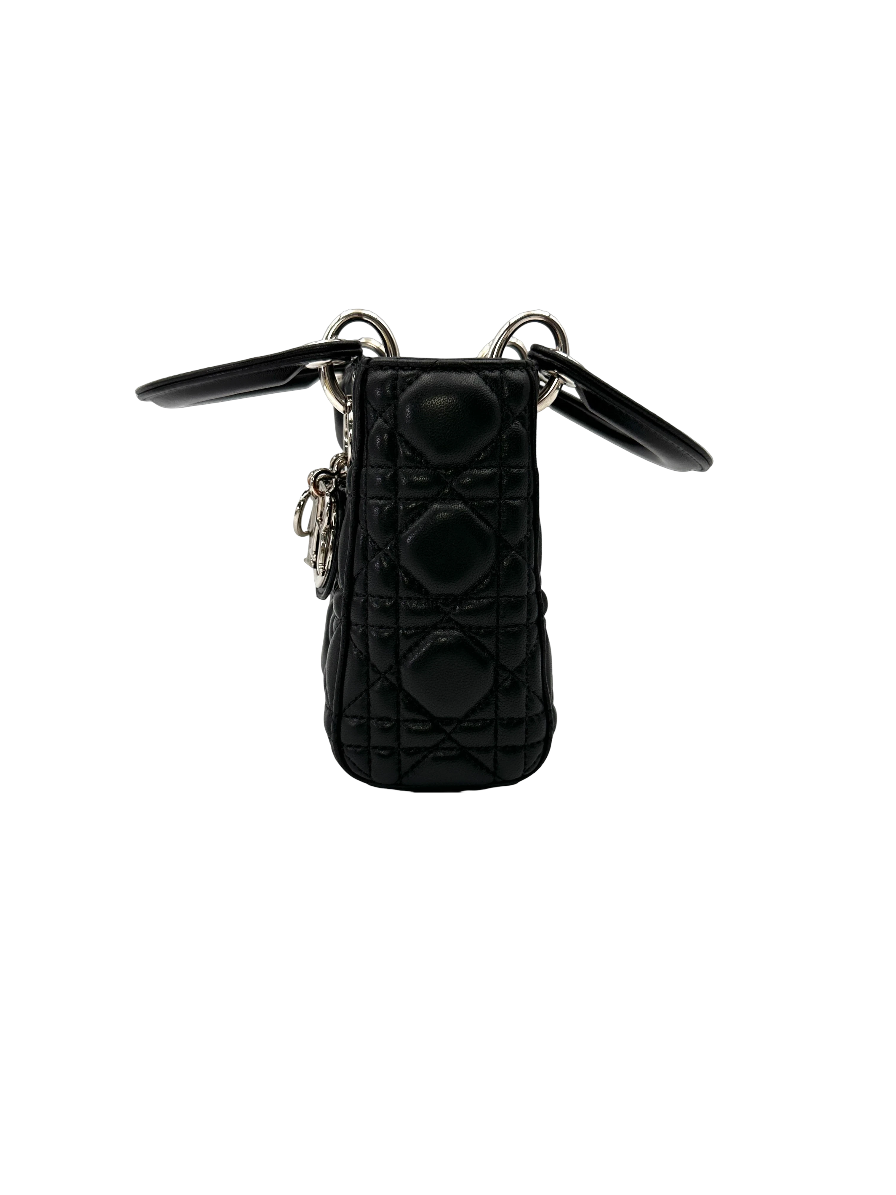 Christian Dior Lady Dior Black Cannage Lambskin Handle Bag With Silver Charms DR808