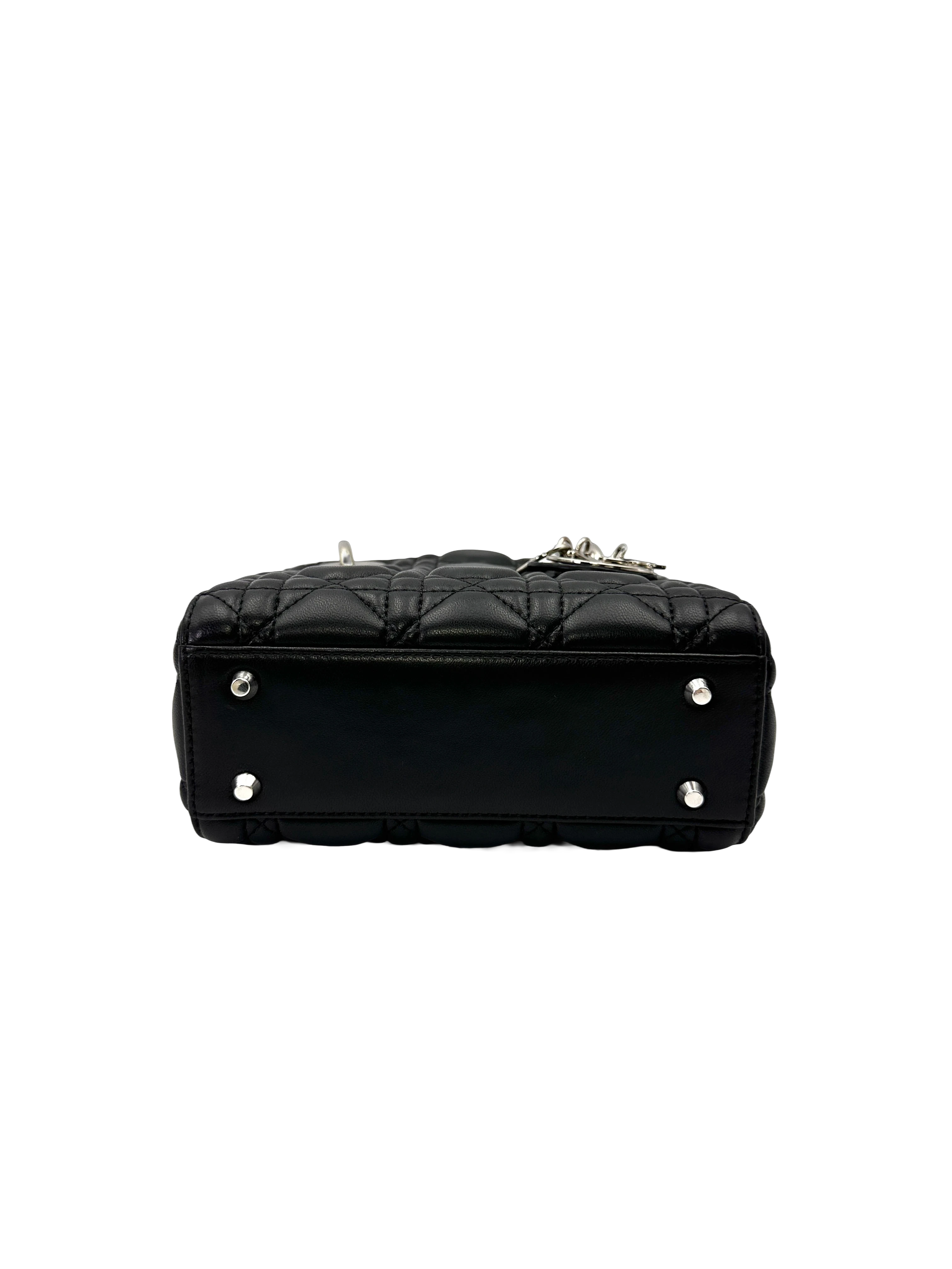 Christian Dior Lady Dior Black Cannage Lambskin Handle Bag With Silver Charms DR808