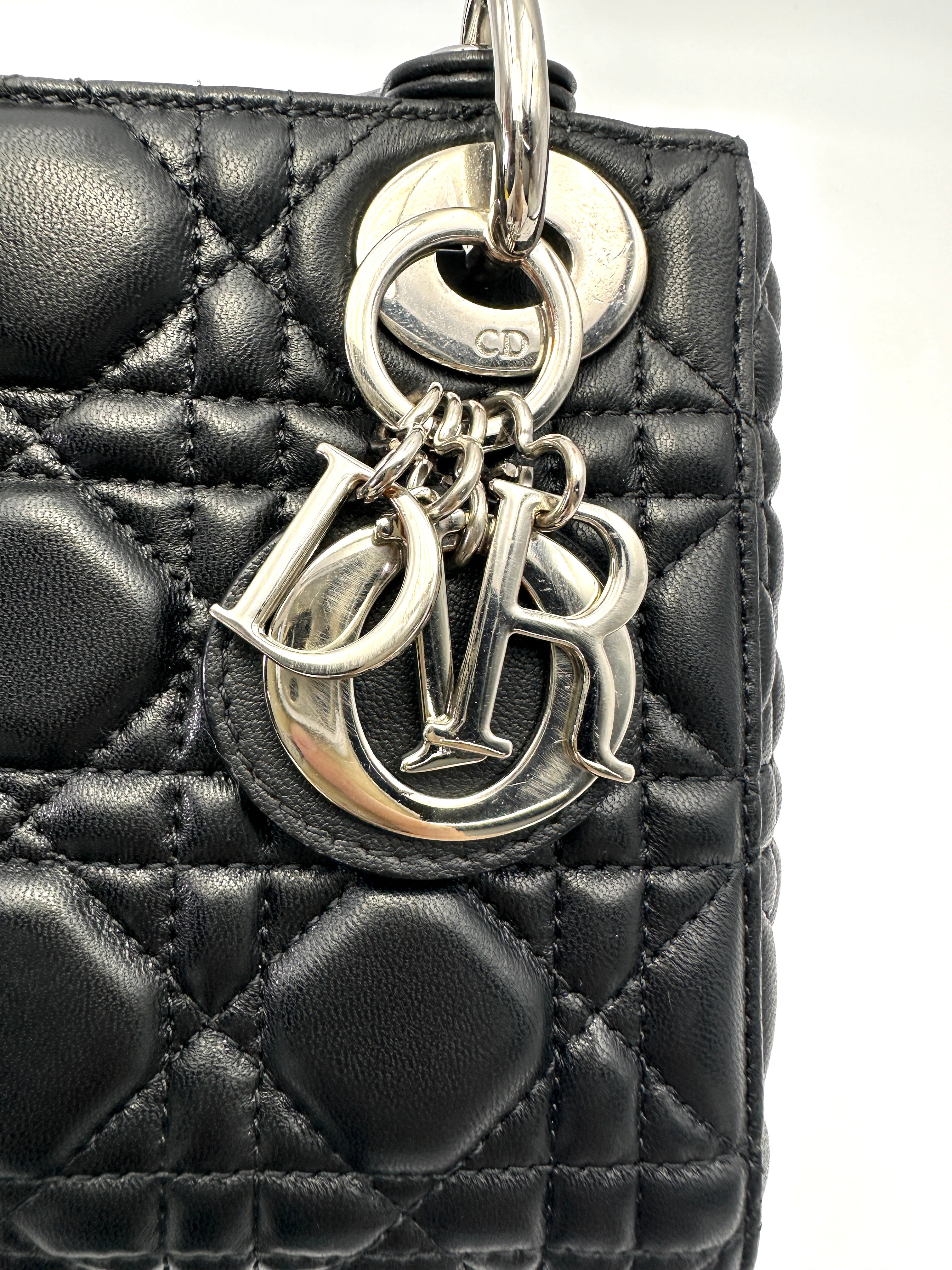 Christian Dior Lady Dior Black Cannage Lambskin Handle Bag With Silver Charms DR808