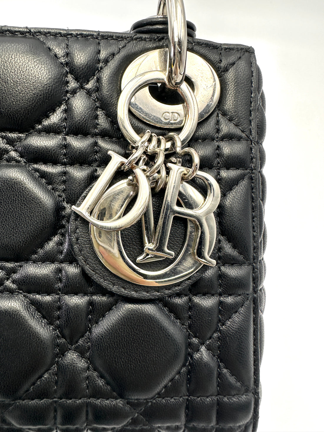 Christian Dior Lady Dior Black Cannage Lambskin Handle Bag With Silver Charms DR808