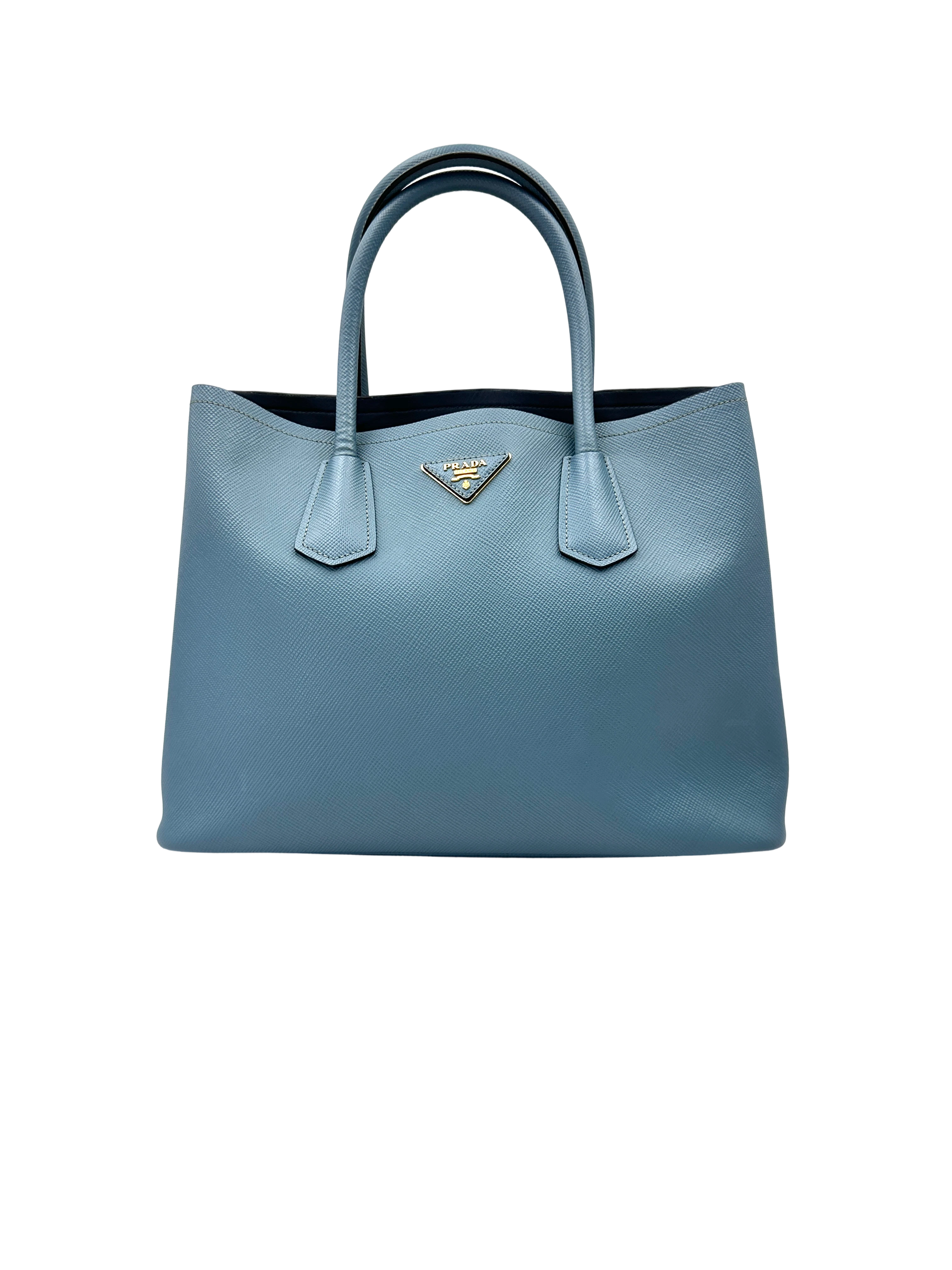 Prada Double Light Blue Saffiano Cuir Leather Handle Bag PR501