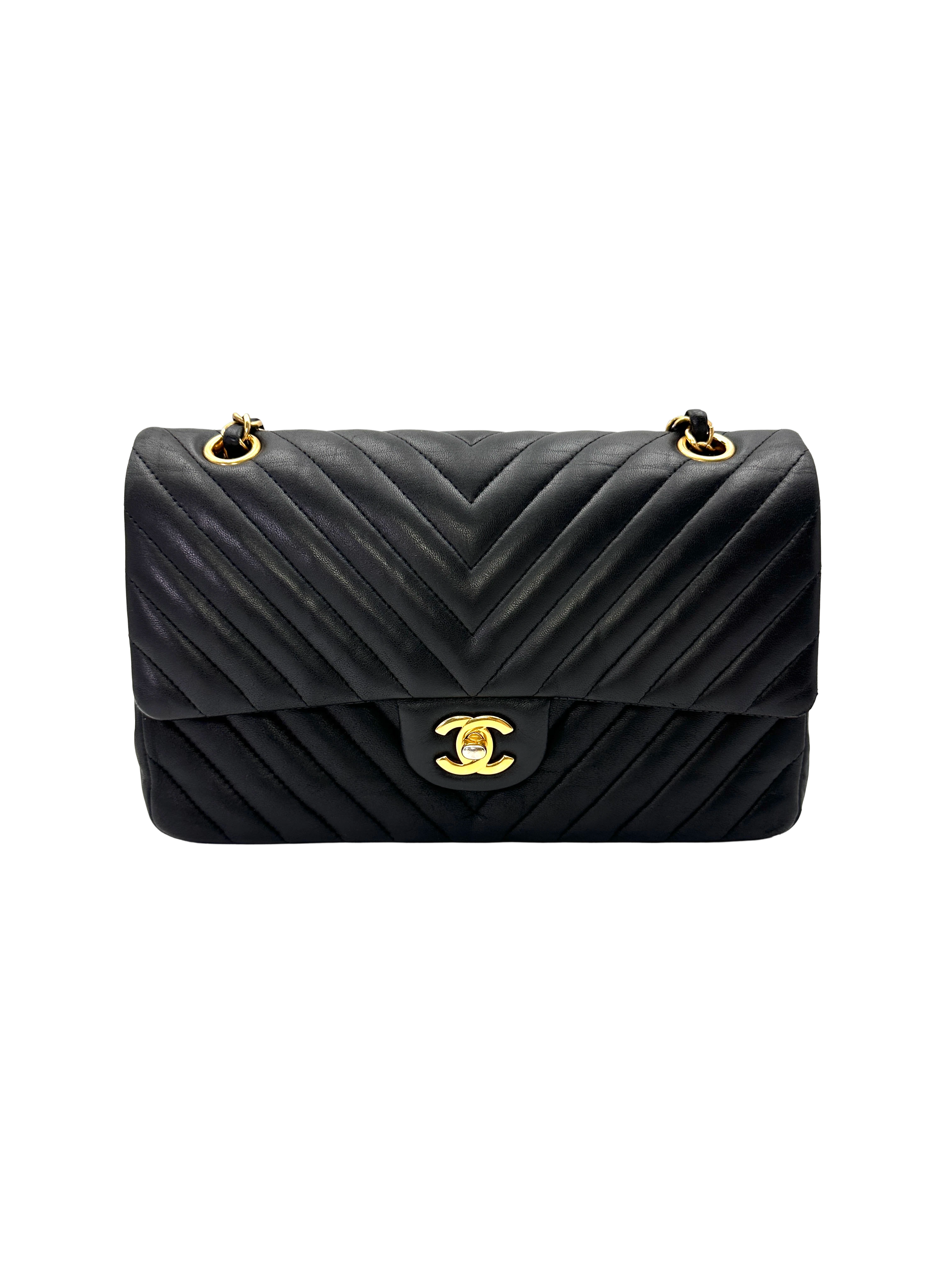 Chanel Classic Flap Black Chevron Quilted Lambskin Medium Size Shoulder Bag With Gold Buckle(21***93) CC2209