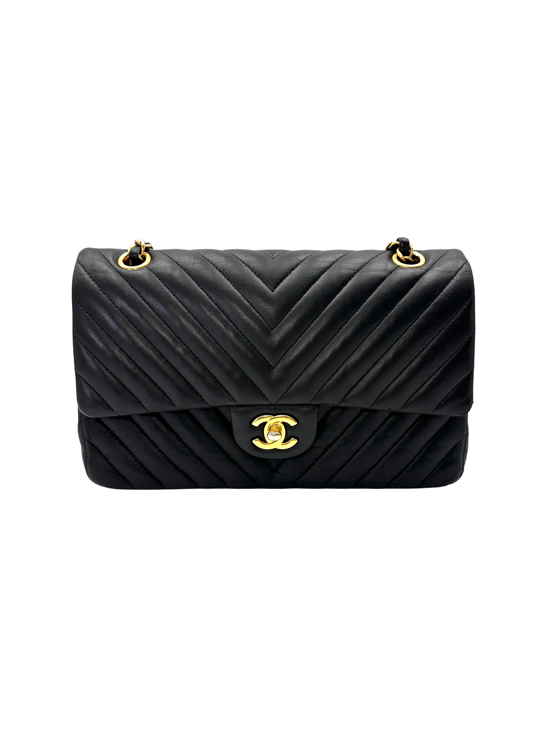 Chanel Classic Flap Black Chevron Quilted Lambskin Medium Size Shoulder Bag With Gold Buckle(21***93) CC2209
