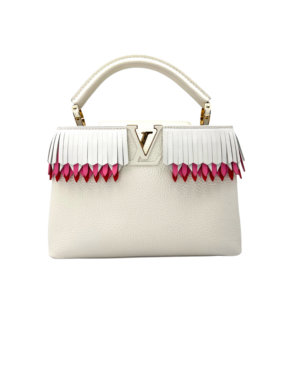 Louis Vuitton Capucines White Taurillon Leather Handle Bag With Pink Fringe Trim LV3068