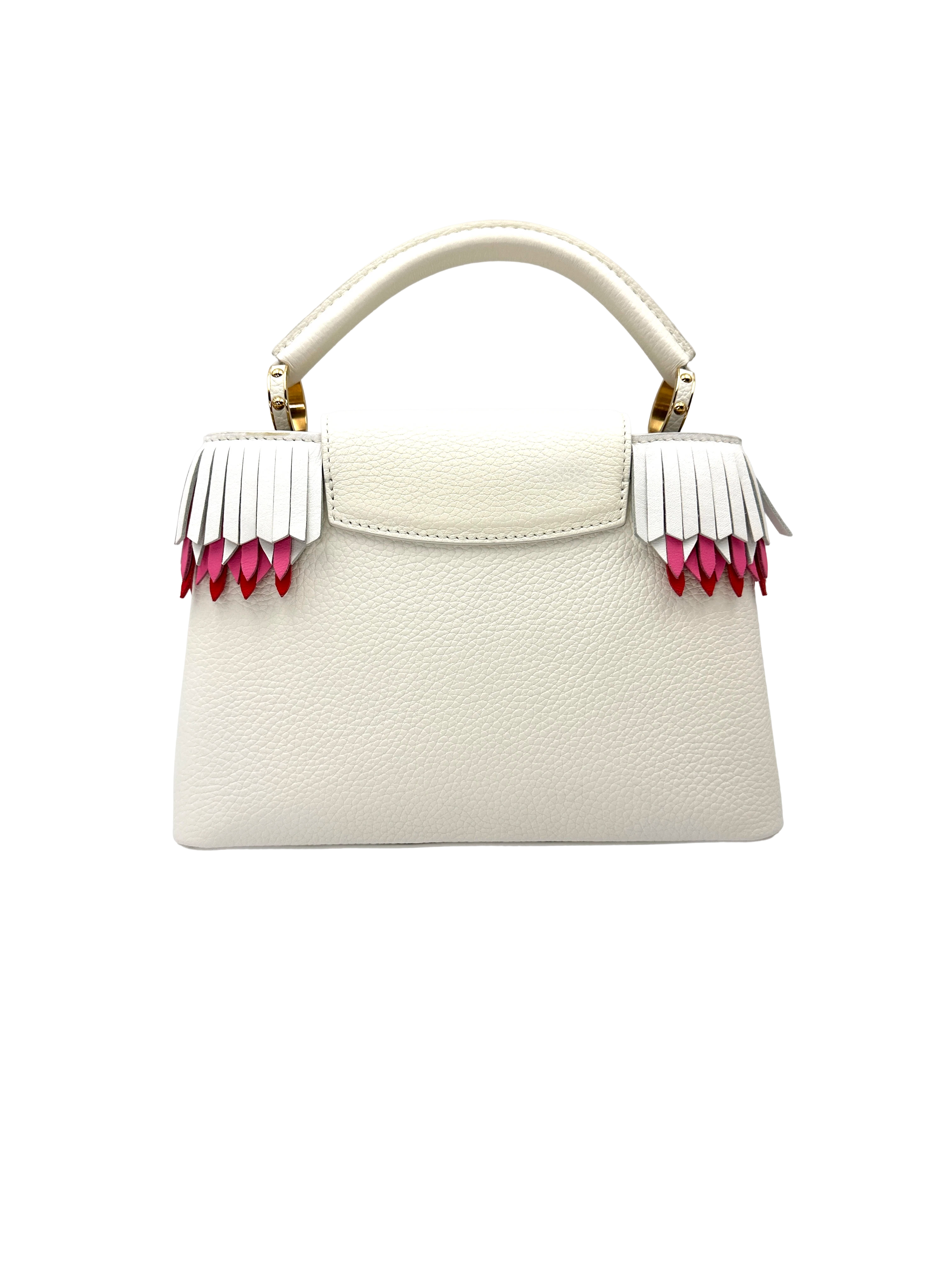 Louis Vuitton Capucines White Taurillon Leather Handle Bag With Pink Fringe Trim LV3068