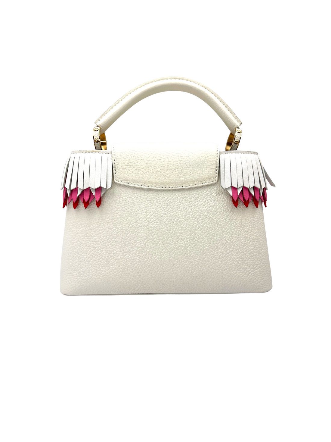 Louis Vuitton Capucines White Taurillon Leather Handle Bag With Pink Fringe Trim LV3068