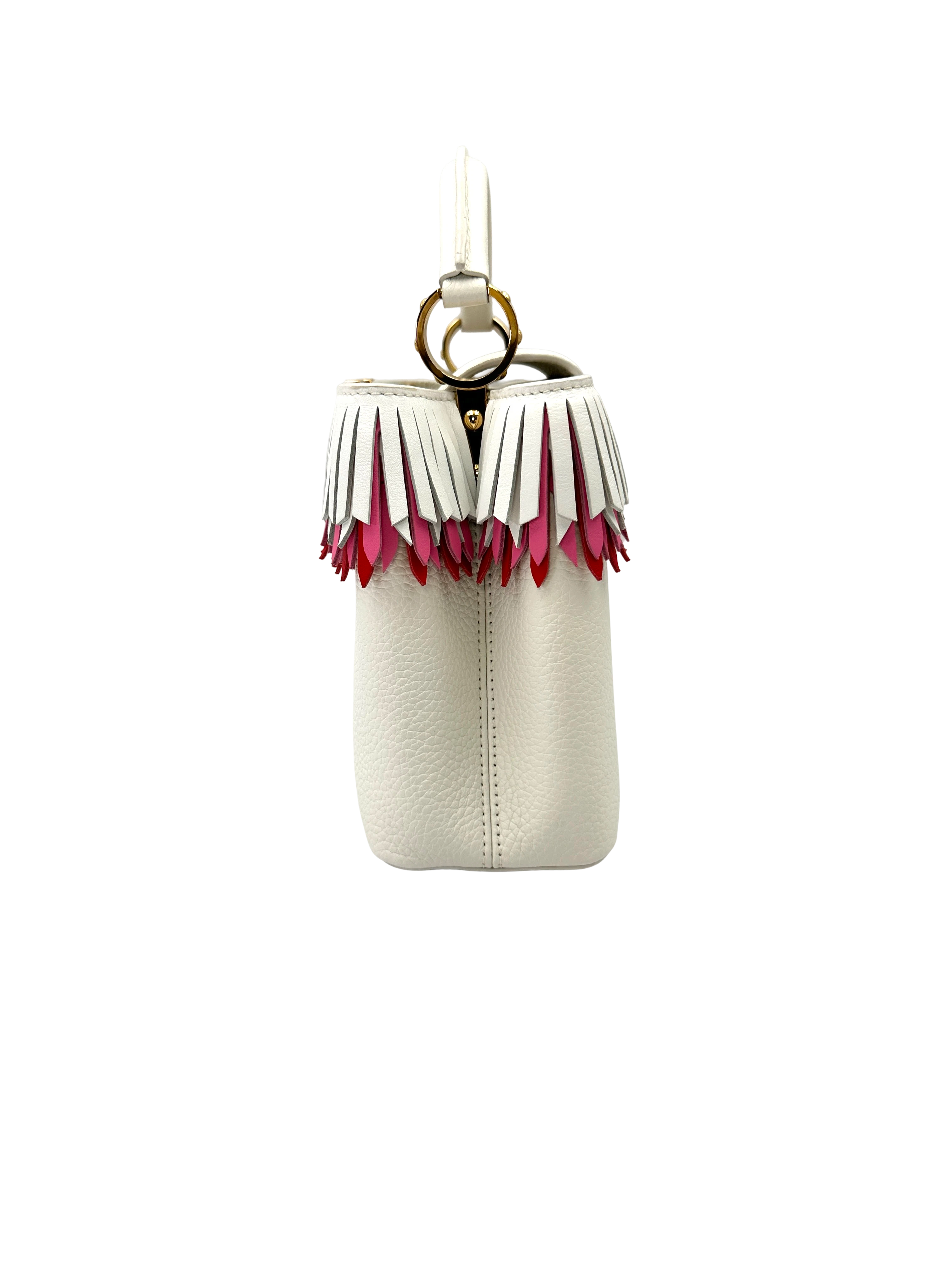 Louis Vuitton Capucines White Taurillon Leather Handle Bag With Pink Fringe Trim LV3068