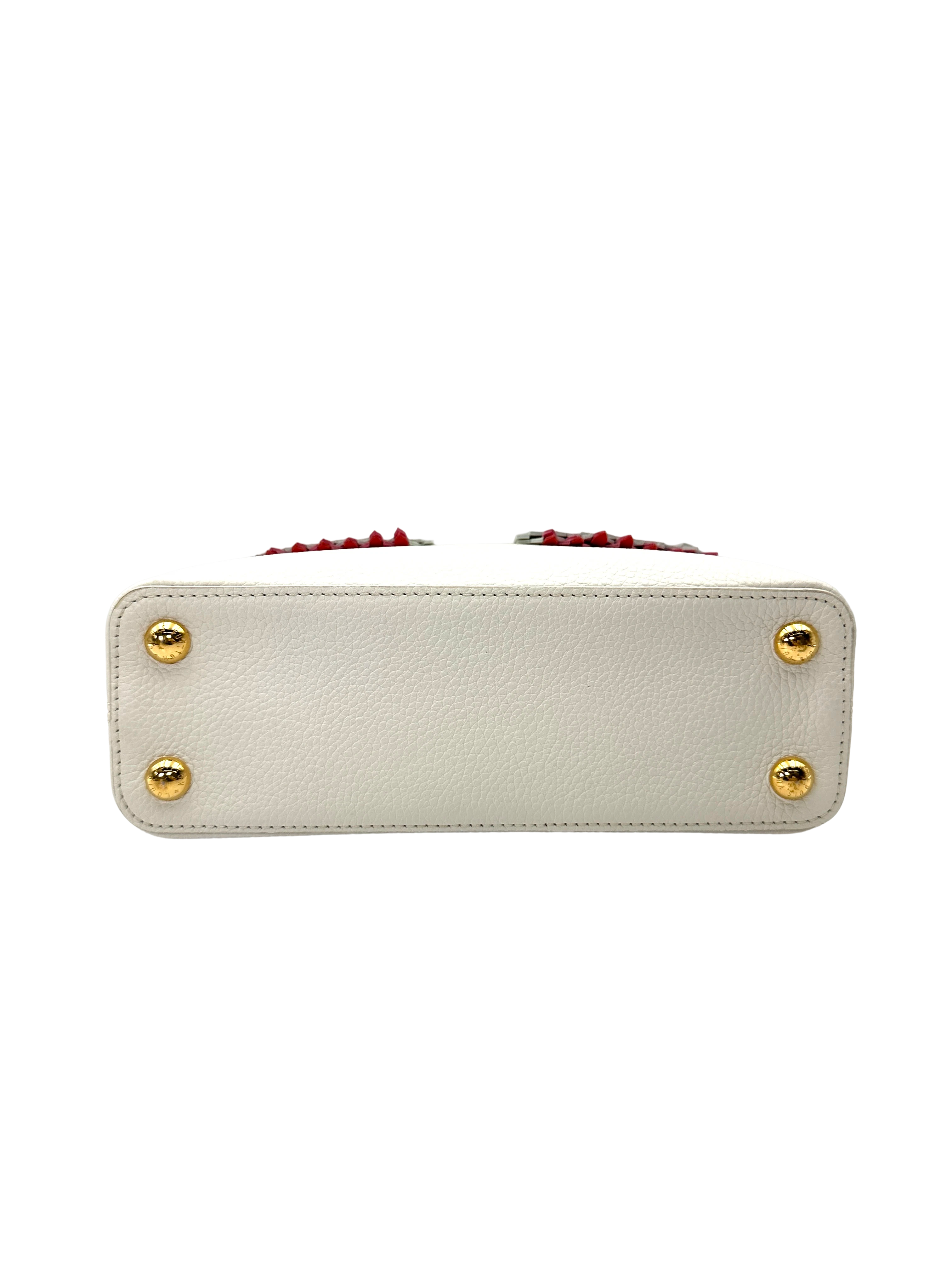 Louis Vuitton Capucines White Taurillon Leather Handle Bag With Pink Fringe Trim LV3068