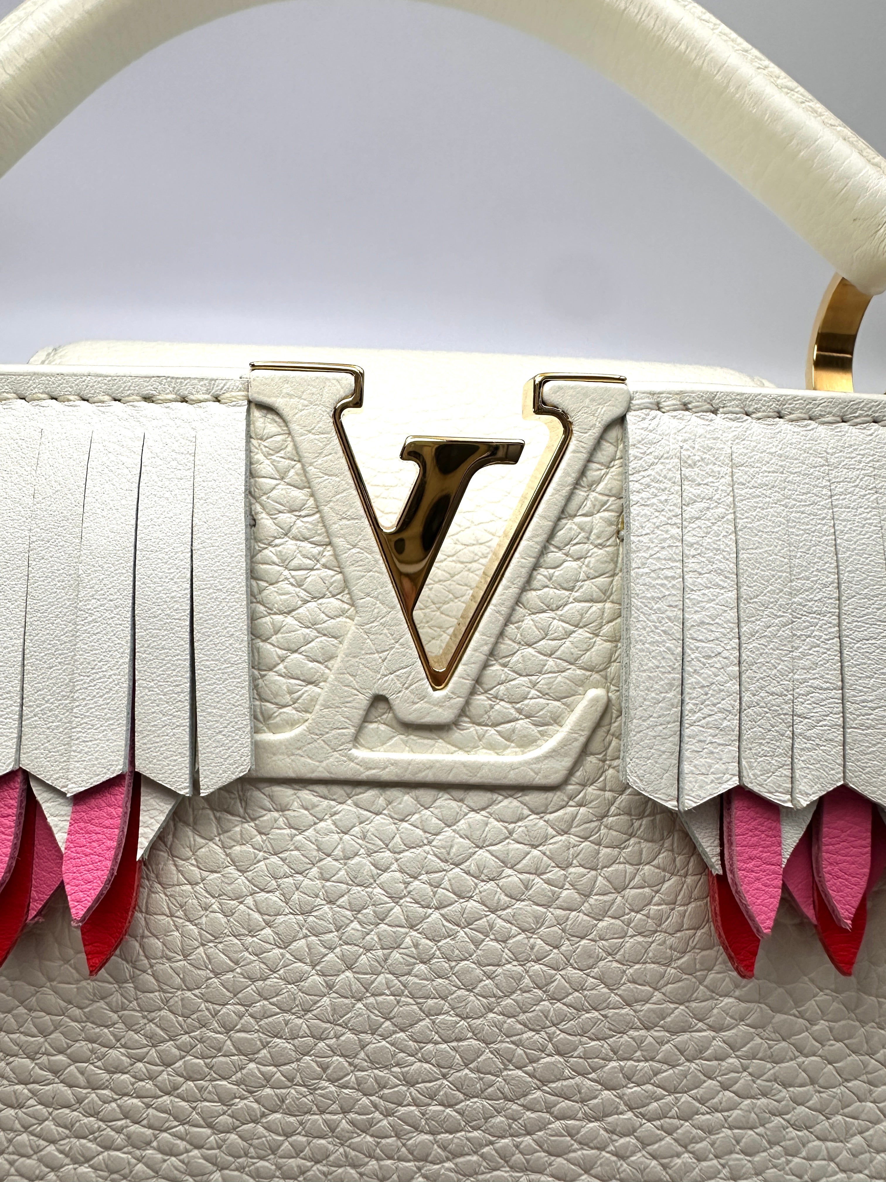 Louis Vuitton Capucines White Taurillon Leather Handle Bag With Pink Fringe Trim LV3068