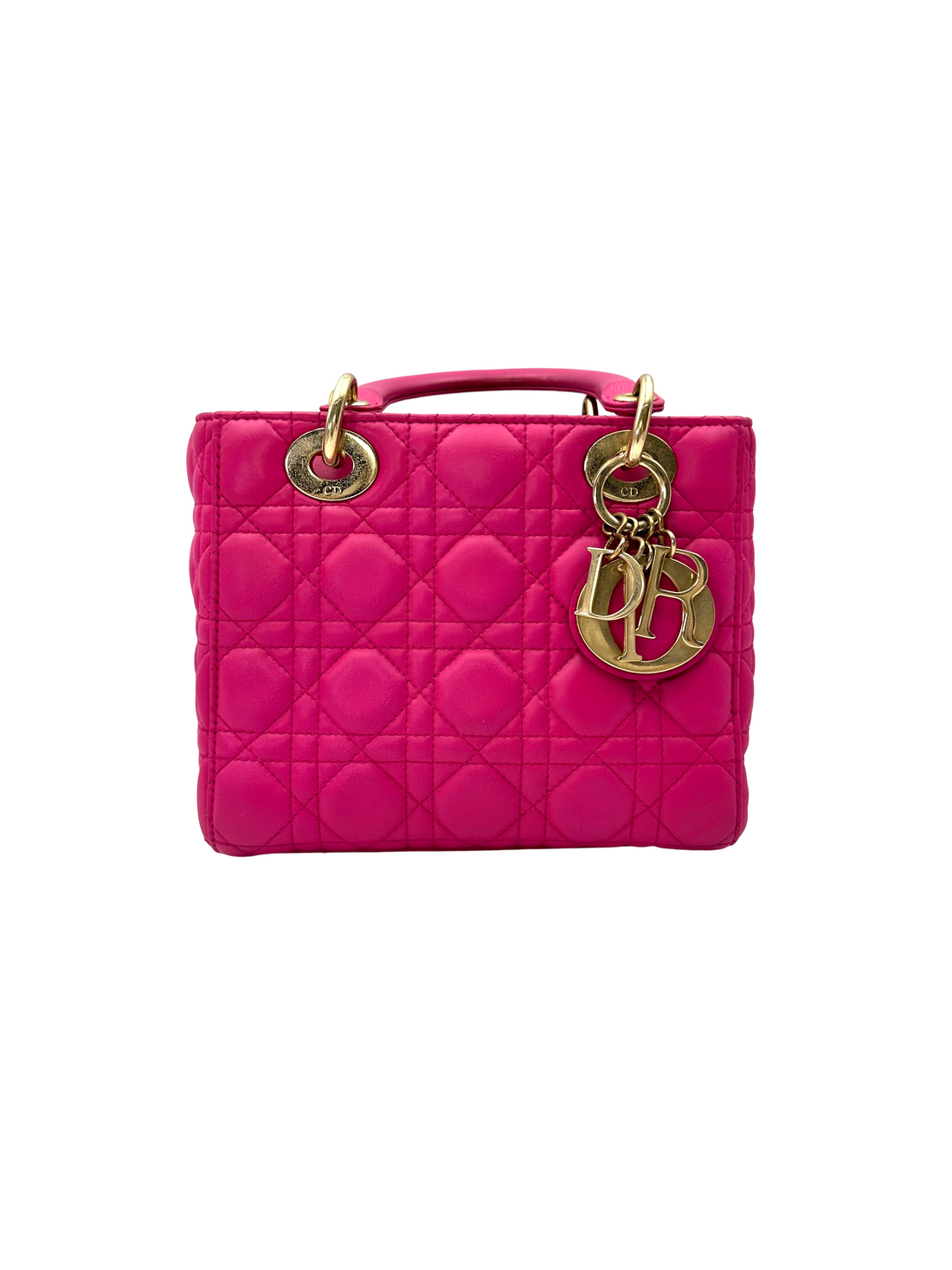 Christian Dior Lady Dior Pink Cannage Lambskin Handle Bag With Gold Charms DR810
