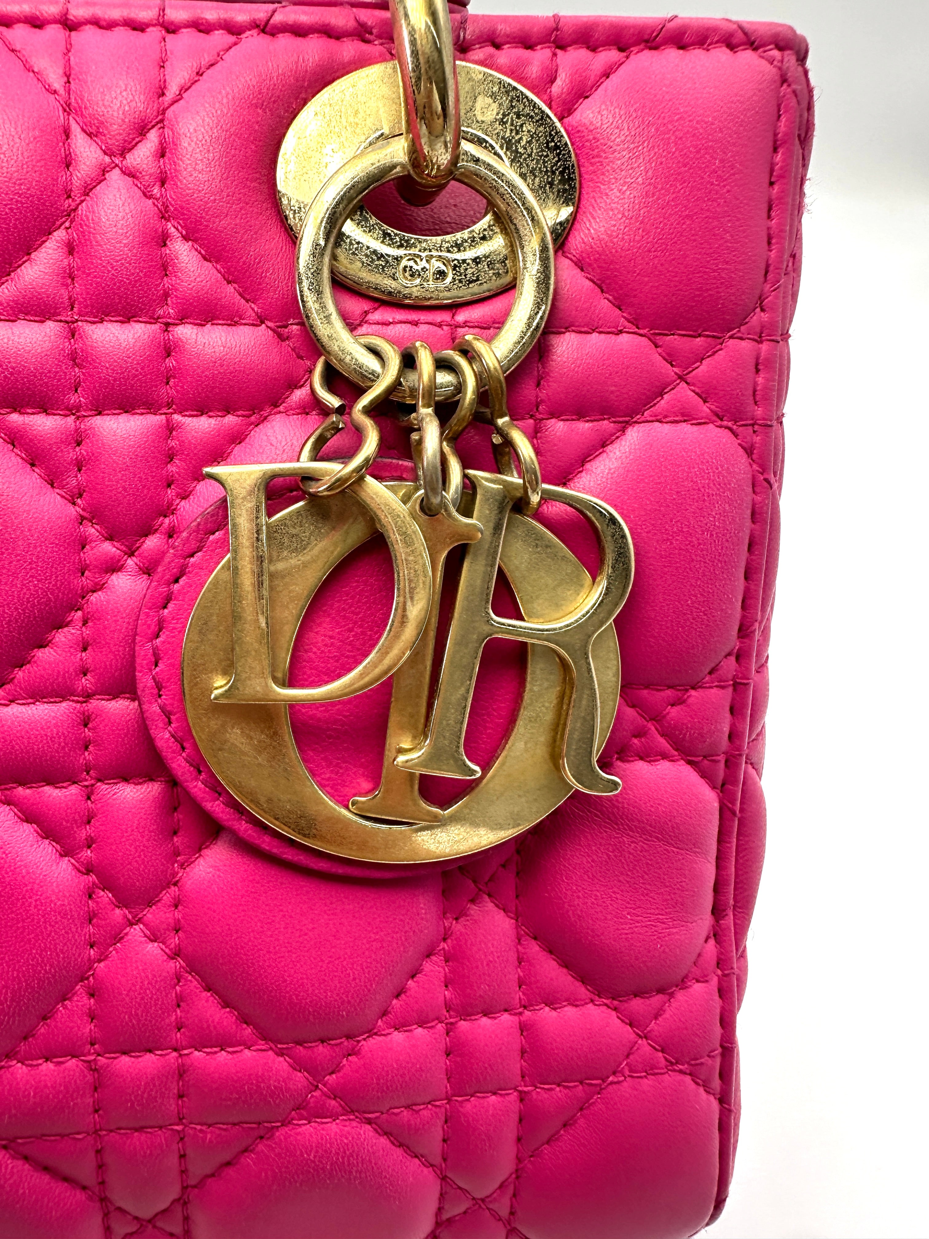 Christian Dior Lady Dior Pink Cannage Lambskin Handle Bag With Gold Charms DR810