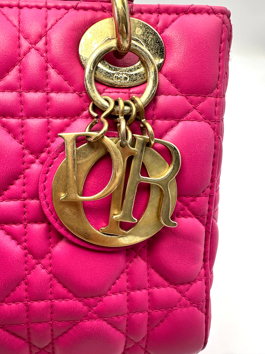 Christian Dior Lady Dior Pink Cannage Lambskin Handle Bag With Gold Charms DR810