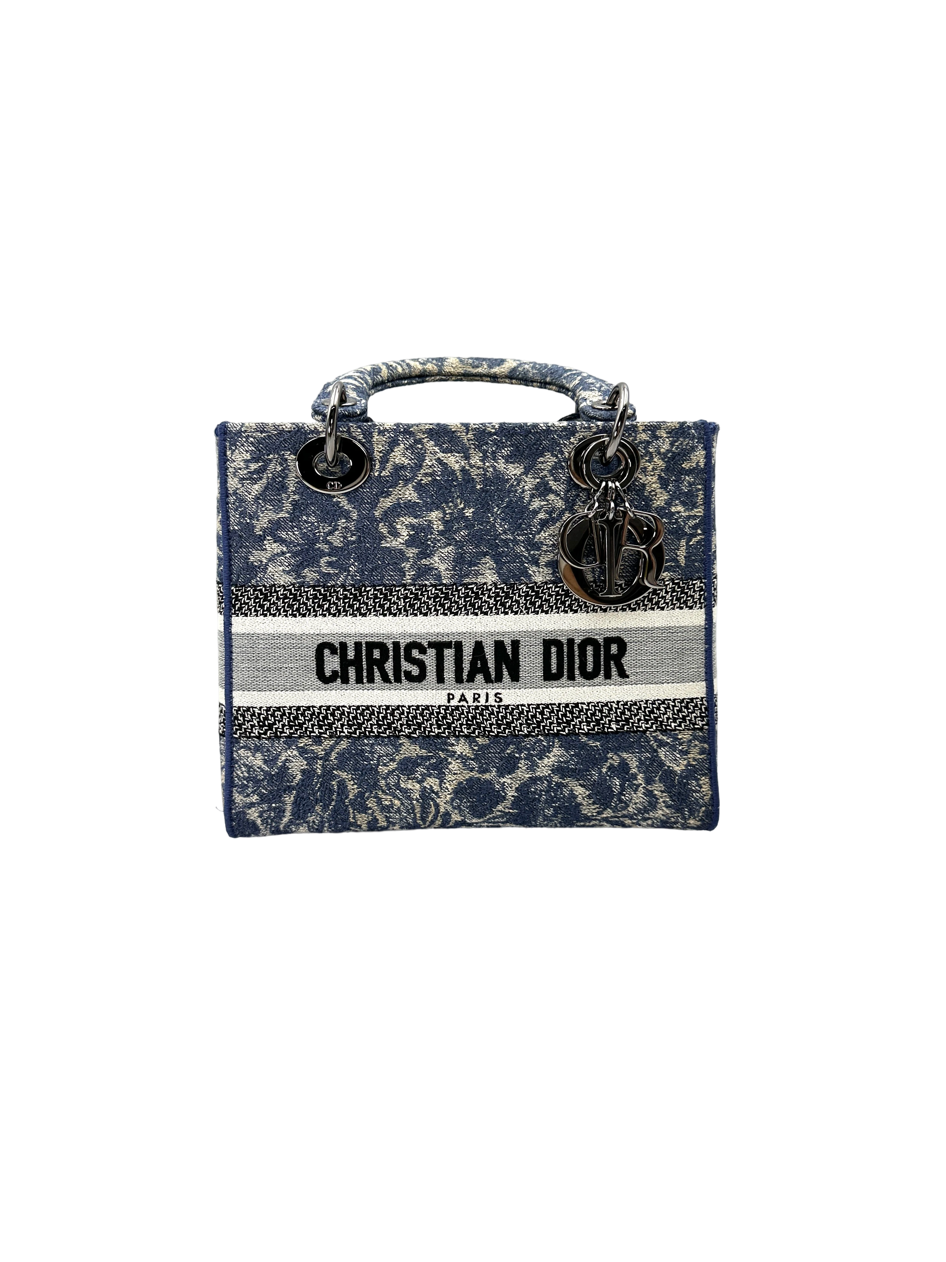 Christian Dior Lady Dior Blue Embroidered Canvas Handle Bag With Silver Charms IRIS251
