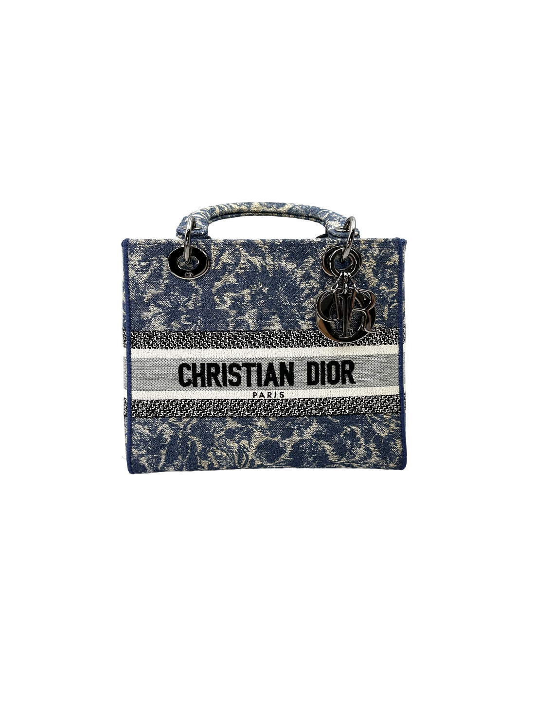 Christian Dior Lady Dior Blue Embroidered Canvas Handle Bag With Silver Charms IRIS251