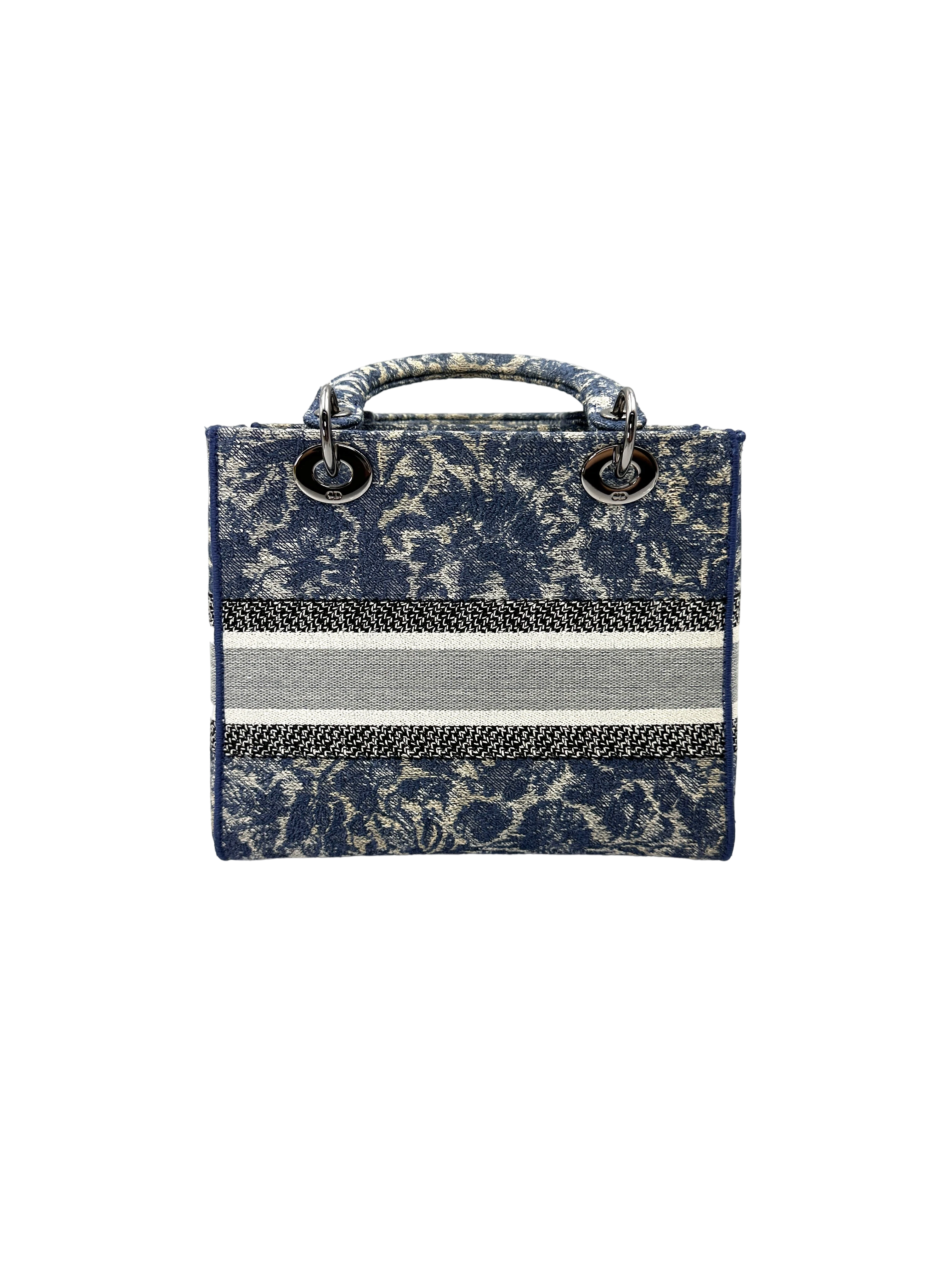 Christian Dior Lady Dior Blue Embroidered Canvas Handle Bag With Silver Charms IRIS251