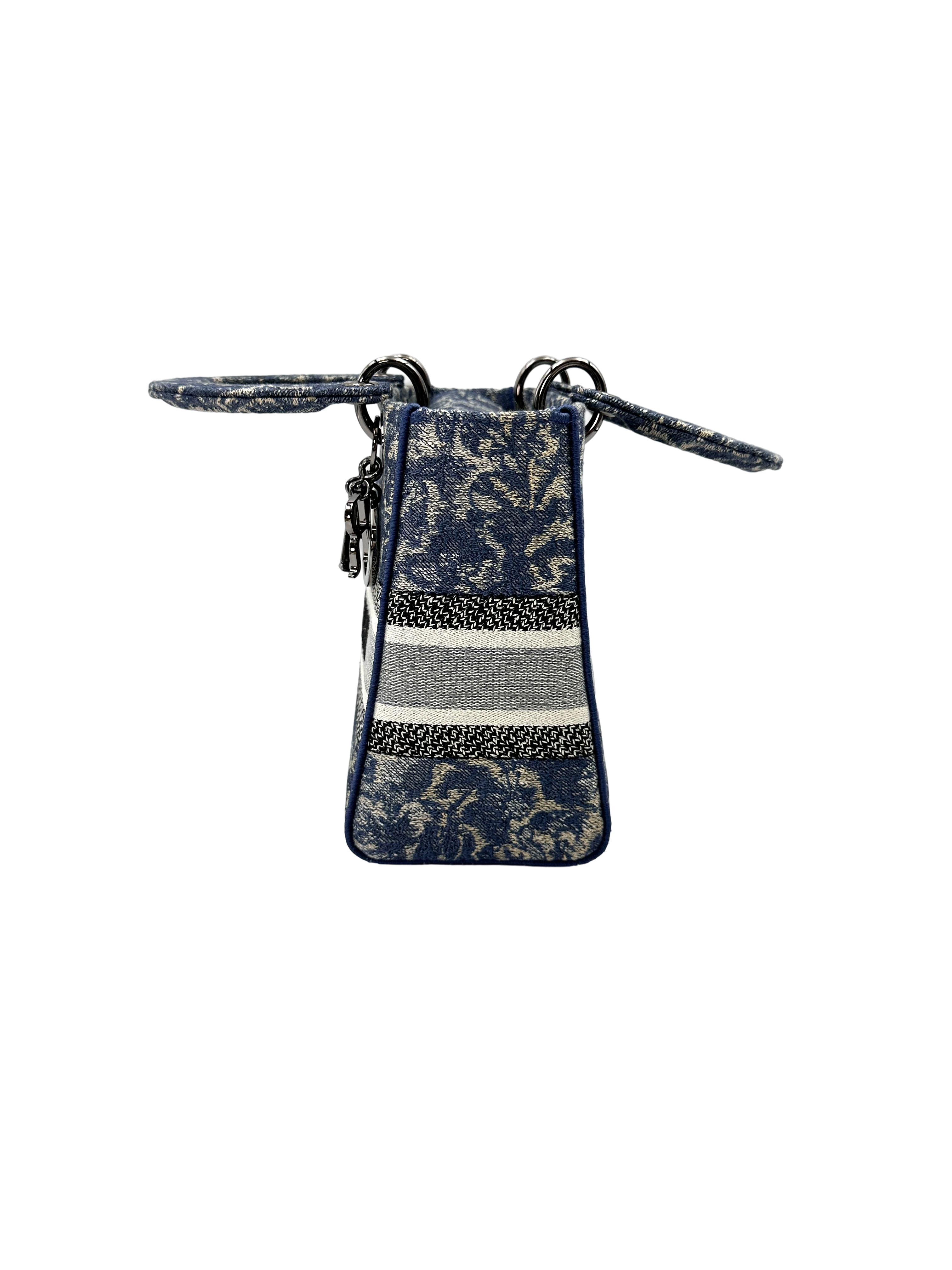 Christian Dior Lady Dior Blue Embroidered Canvas Handle Bag With Silver Charms IRIS251