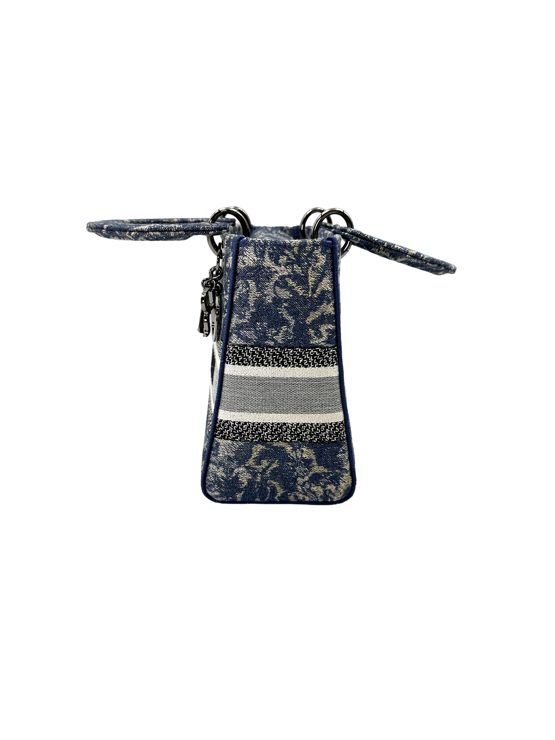 Christian Dior Lady Dior Blue Embroidered Canvas Handle Bag With Silver Charms IRIS251
