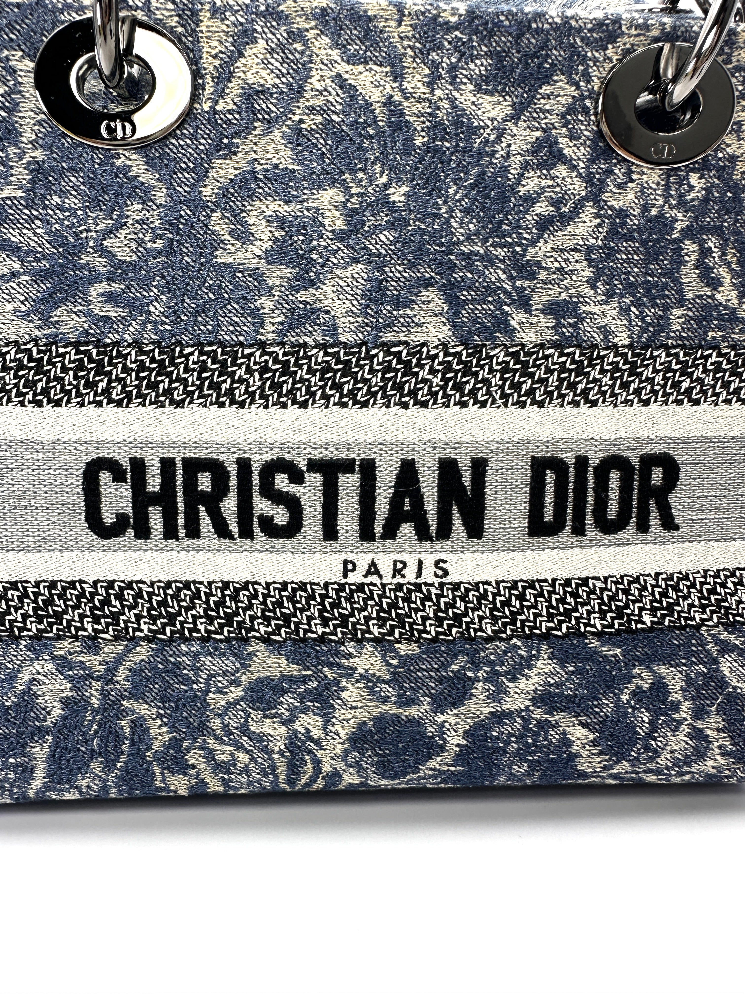 Christian Dior Lady Dior Blue Embroidered Canvas Handle Bag With Silver Charms IRIS251