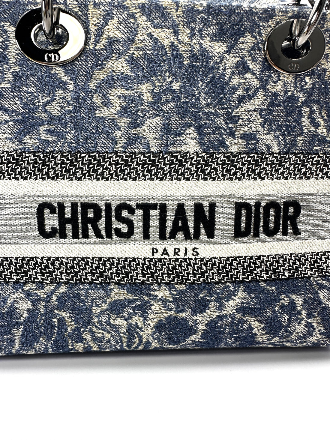 Christian Dior Lady Dior Blue Embroidered Canvas Handle Bag With Silver Charms IRIS251