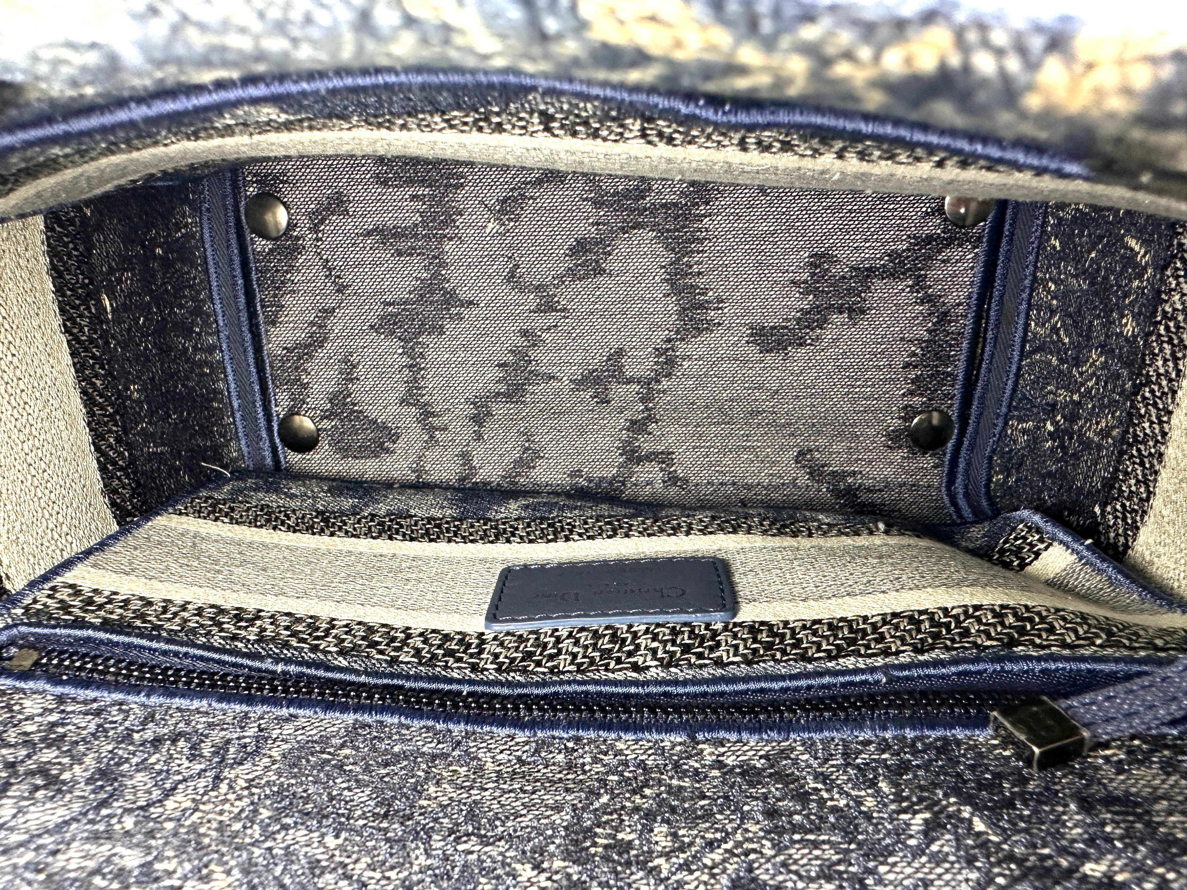 Christian Dior Lady Dior Blue Embroidered Canvas Handle Bag With Silver Charms IRIS251