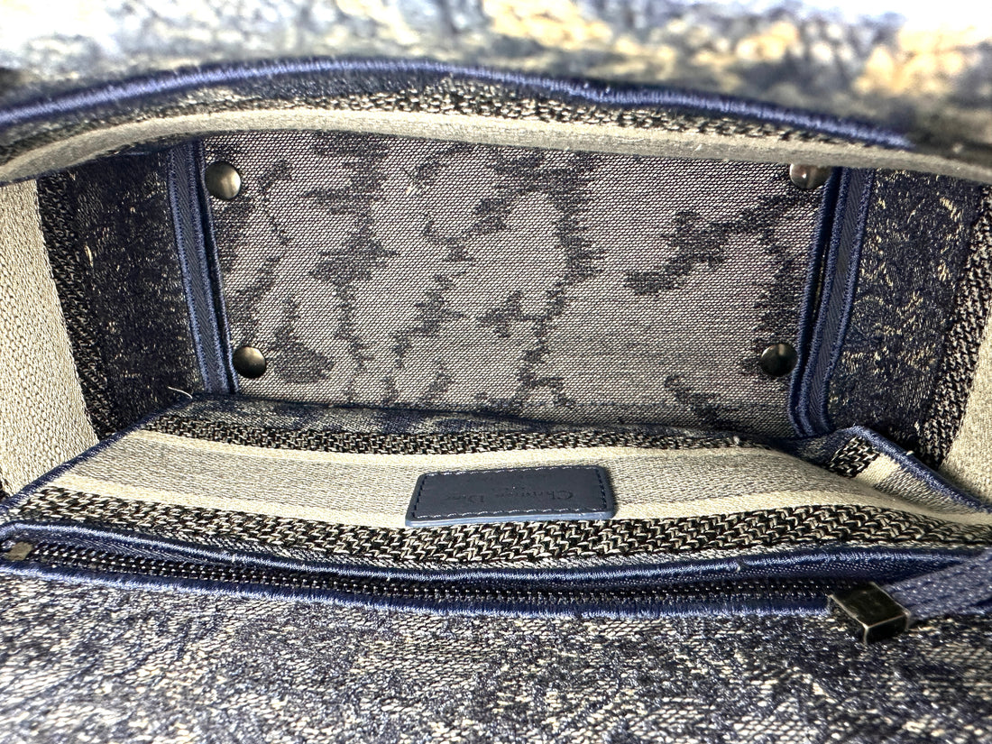 Christian Dior Lady Dior Blue Embroidered Canvas Handle Bag With Silver Charms IRIS251