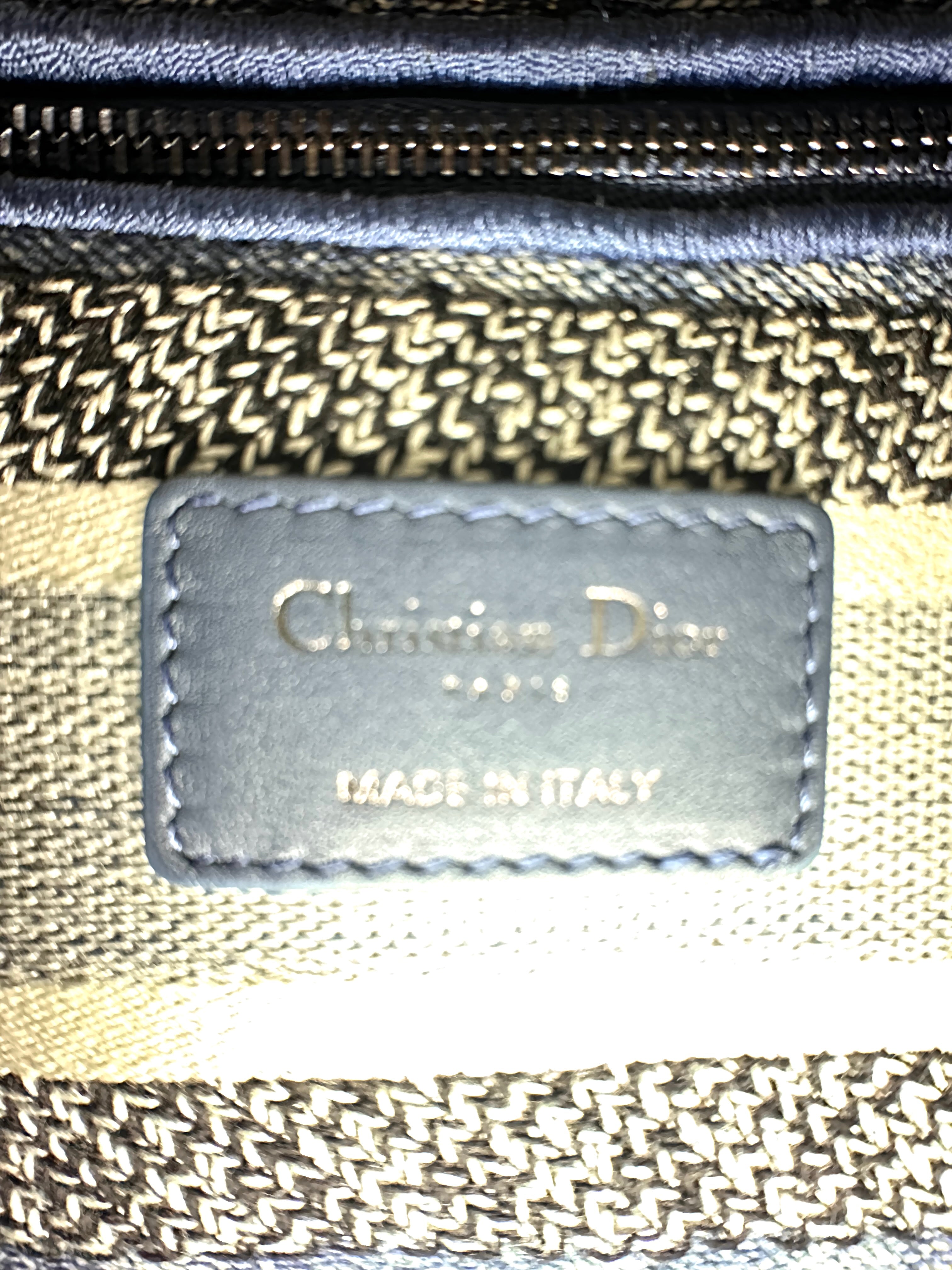 Christian Dior Lady Dior Blue Embroidered Canvas Handle Bag With Silver Charms IRIS251