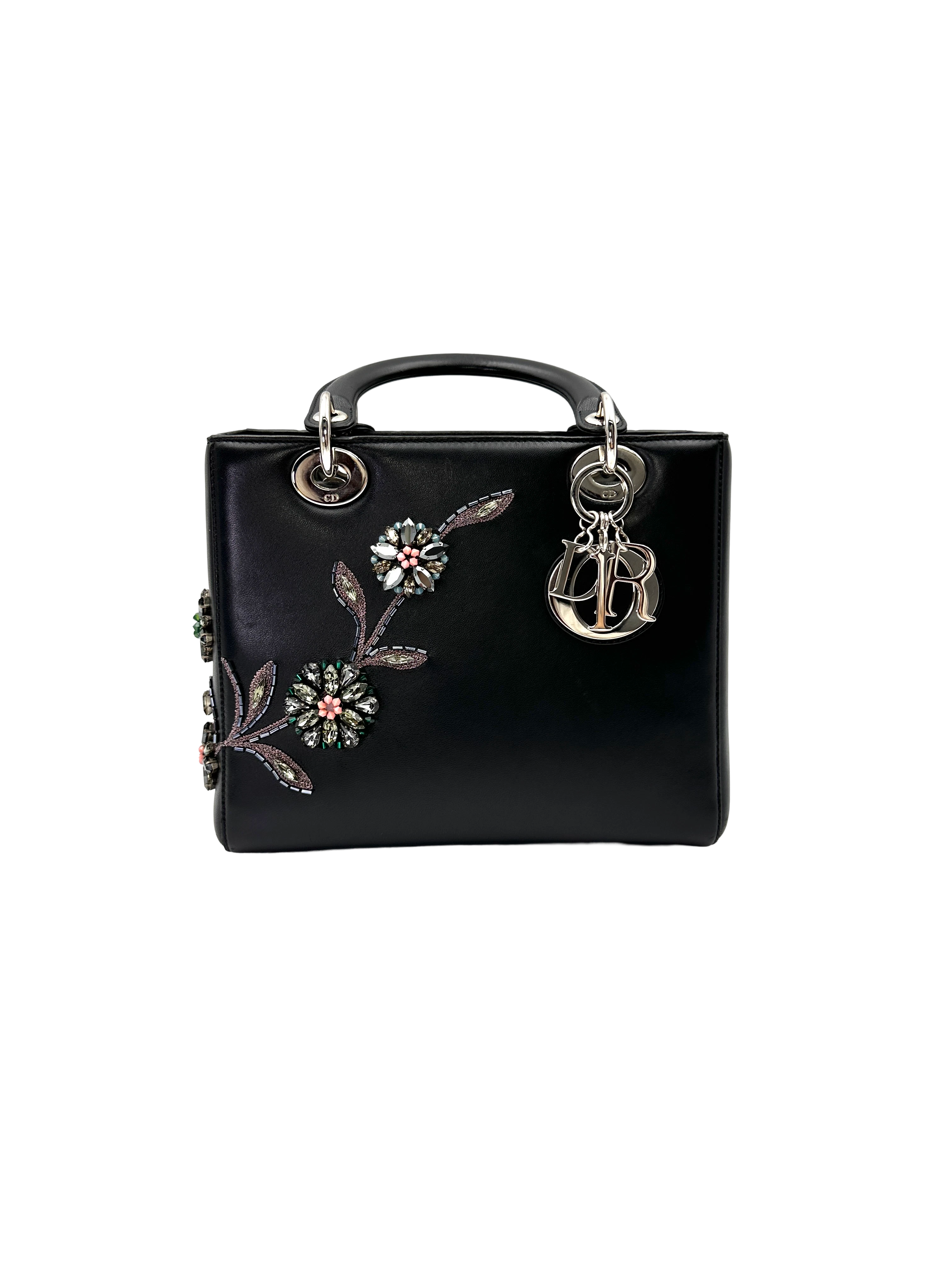 Christian Dior Lady Dior Black Leather Crystal Floral Embellishment Handle Bag With Silver Buckle DR812