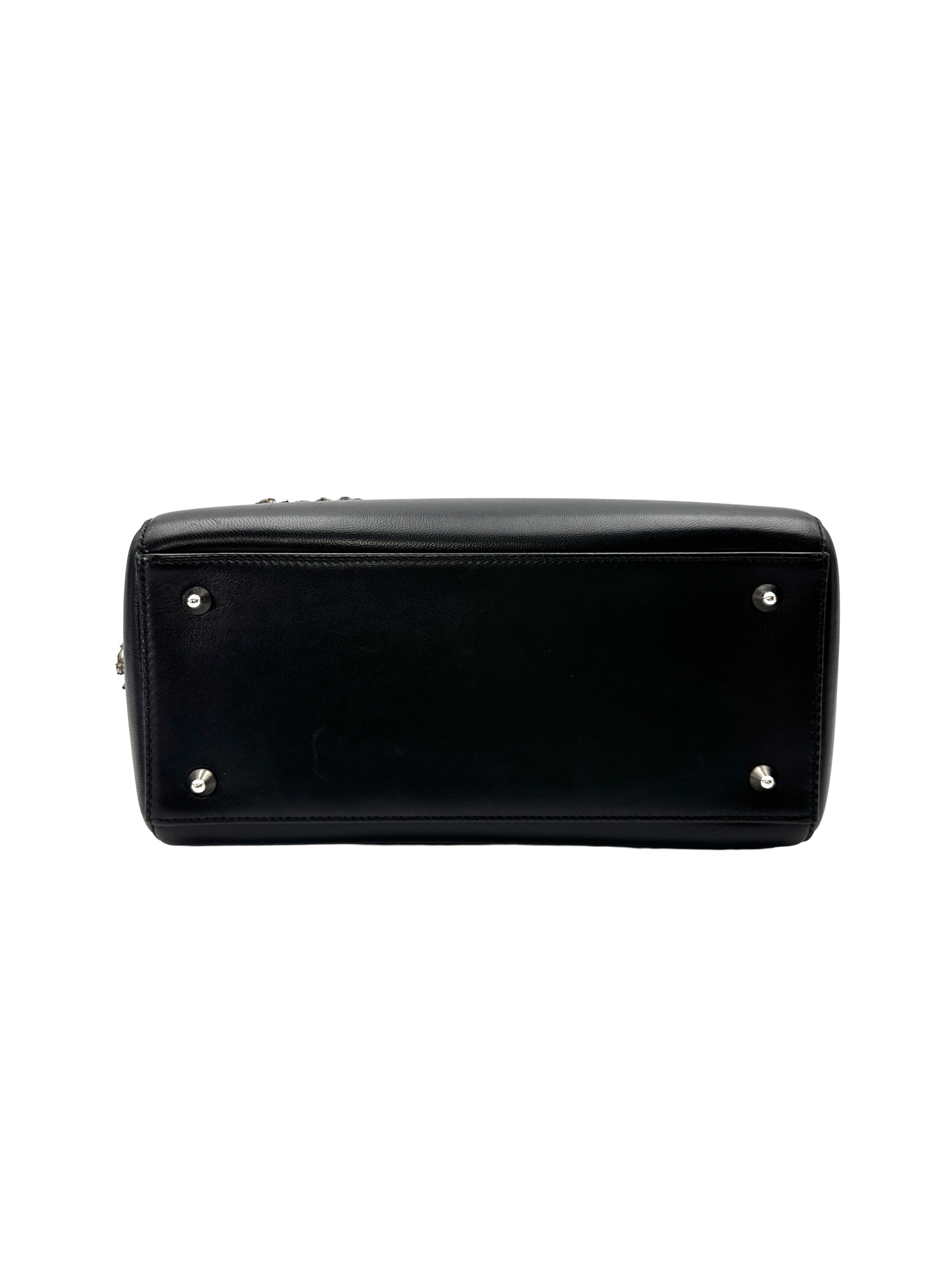Christian Dior Lady Dior Black Leather Crystal Floral Embellishment Handle Bag With Silver Buckle DR812