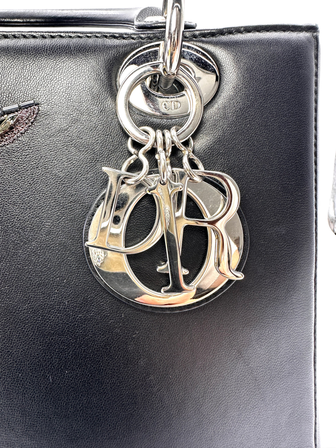 Christian Dior Lady Dior Black Leather Crystal Floral Embellishment Handle Bag With Silver Buckle DR812