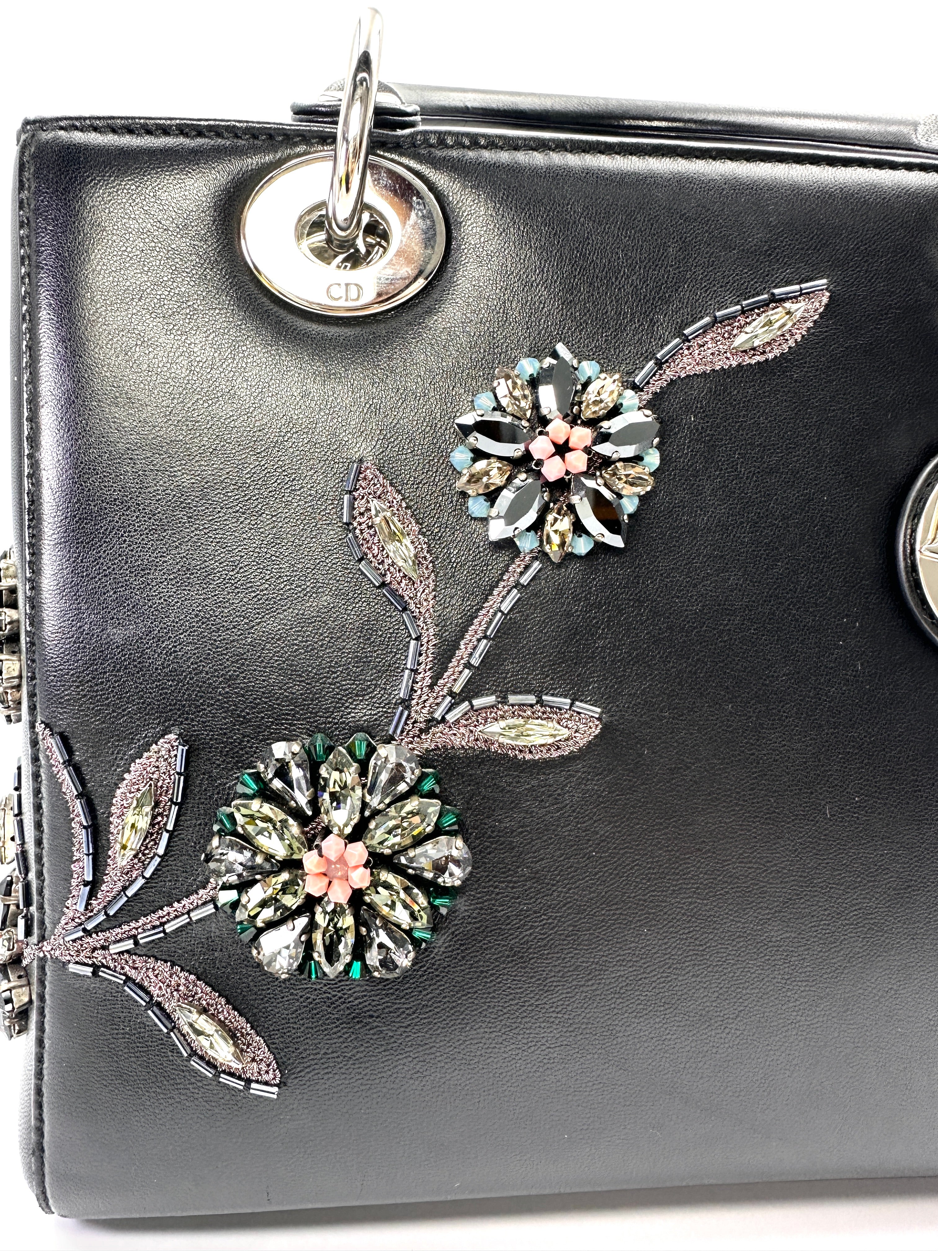 Christian Dior Lady Dior Black Leather Crystal Floral Embellishment Handle Bag With Silver Buckle DR812