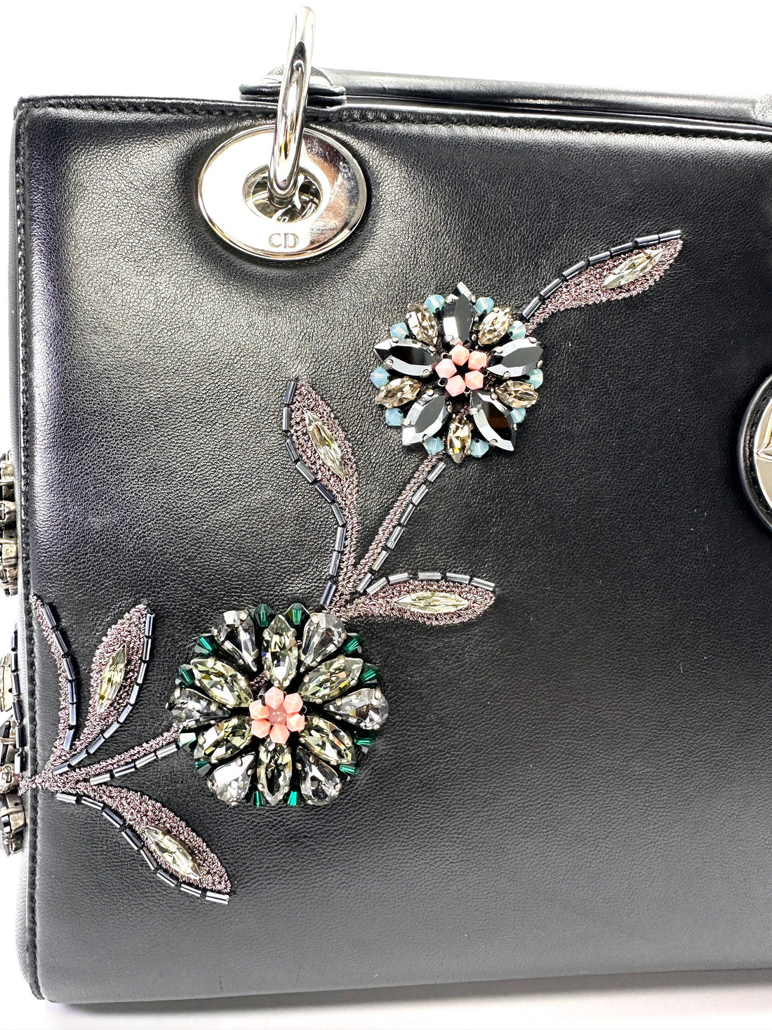 Christian Dior Lady Dior Black Leather Crystal Floral Embellishment Handle Bag With Silver Buckle DR812