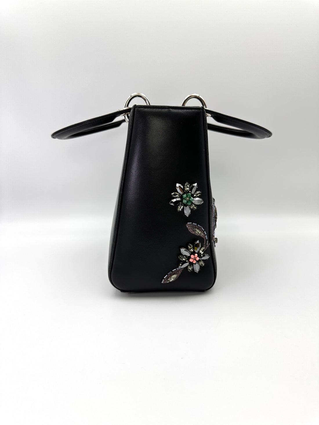 Christian Dior Lady Dior Black Leather Crystal Floral Embellishment Handle Bag With Silver Buckle DR812