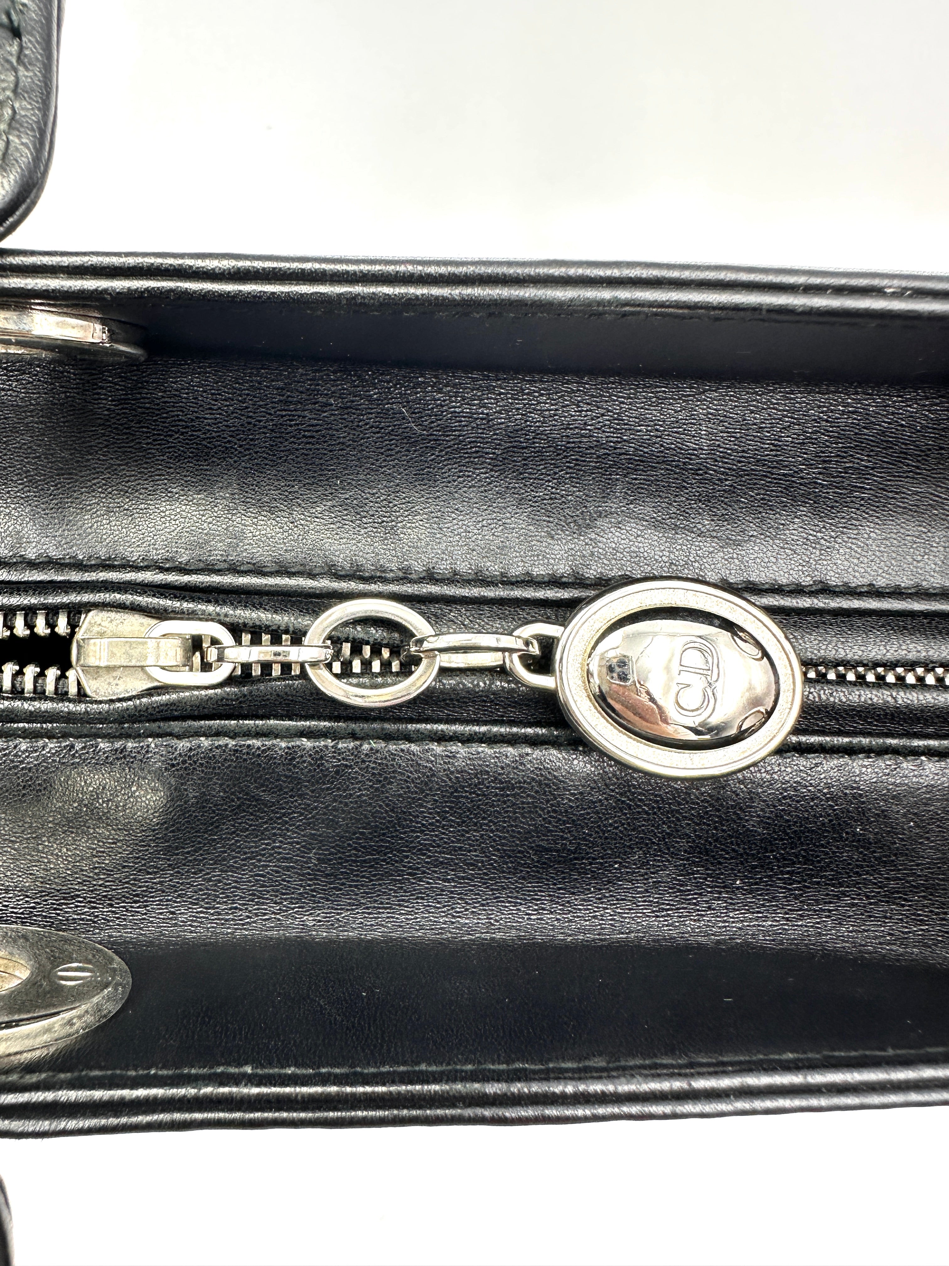 Christian Dior Lady Dior Black Leather Crystal Floral Embellishment Handle Bag With Silver Buckle DR812