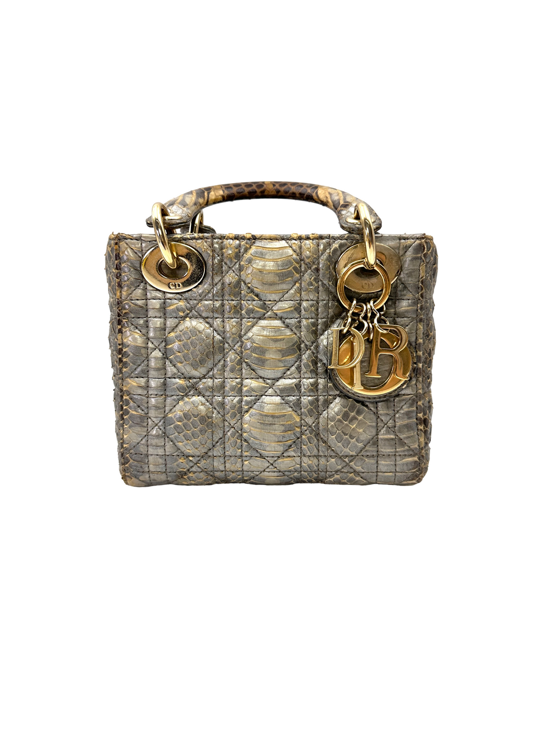Christian Dior Lady Dior Gold Python Leather Handle Bag With Gold Charms DR814