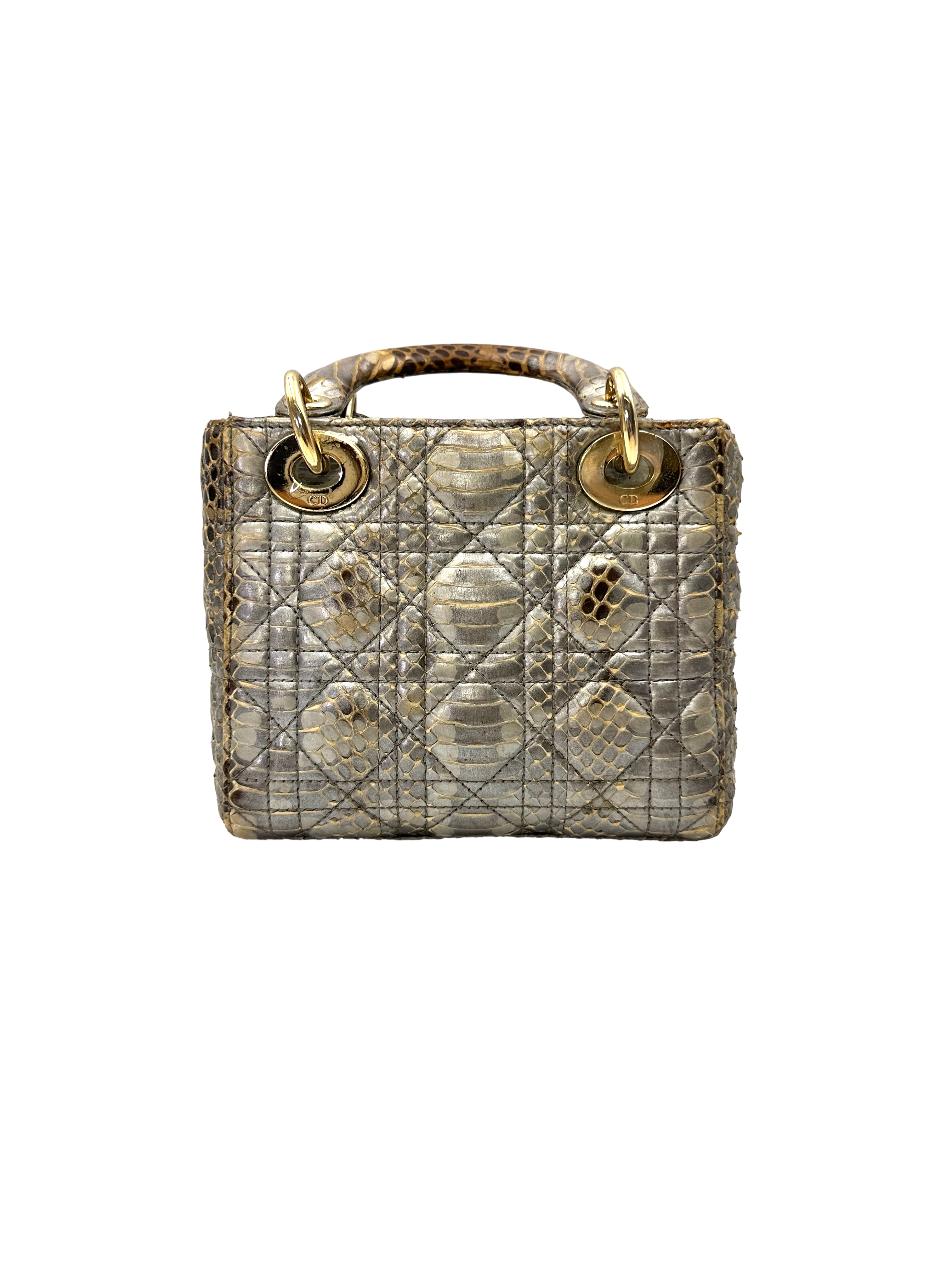 Christian Dior Lady Dior Gold Python Leather Handle Bag With Gold Charms DR814