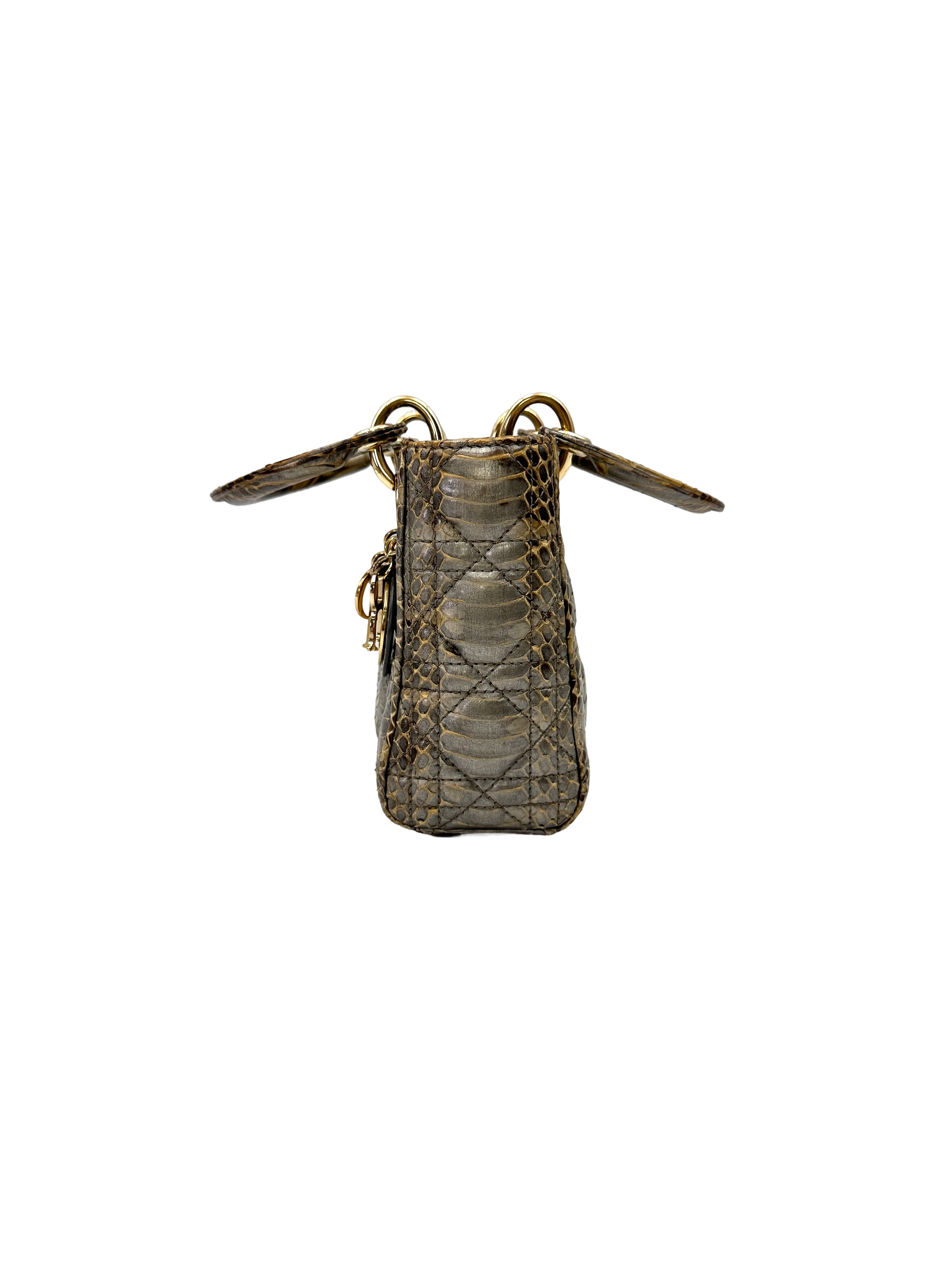 Christian Dior Lady Dior Gold Python Leather Handle Bag With Gold Charms DR814