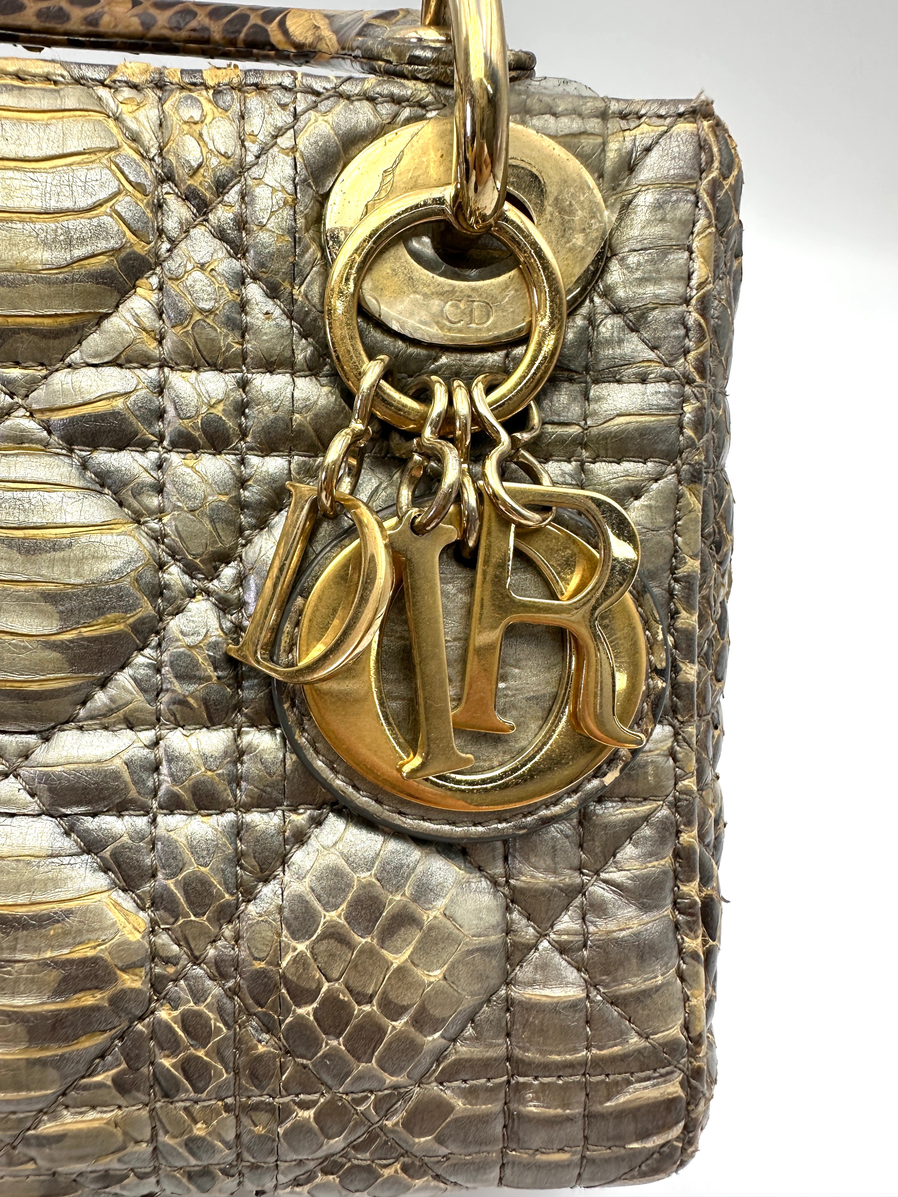 Christian Dior Lady Dior Gold Python Leather Handle Bag With Gold Charms DR814