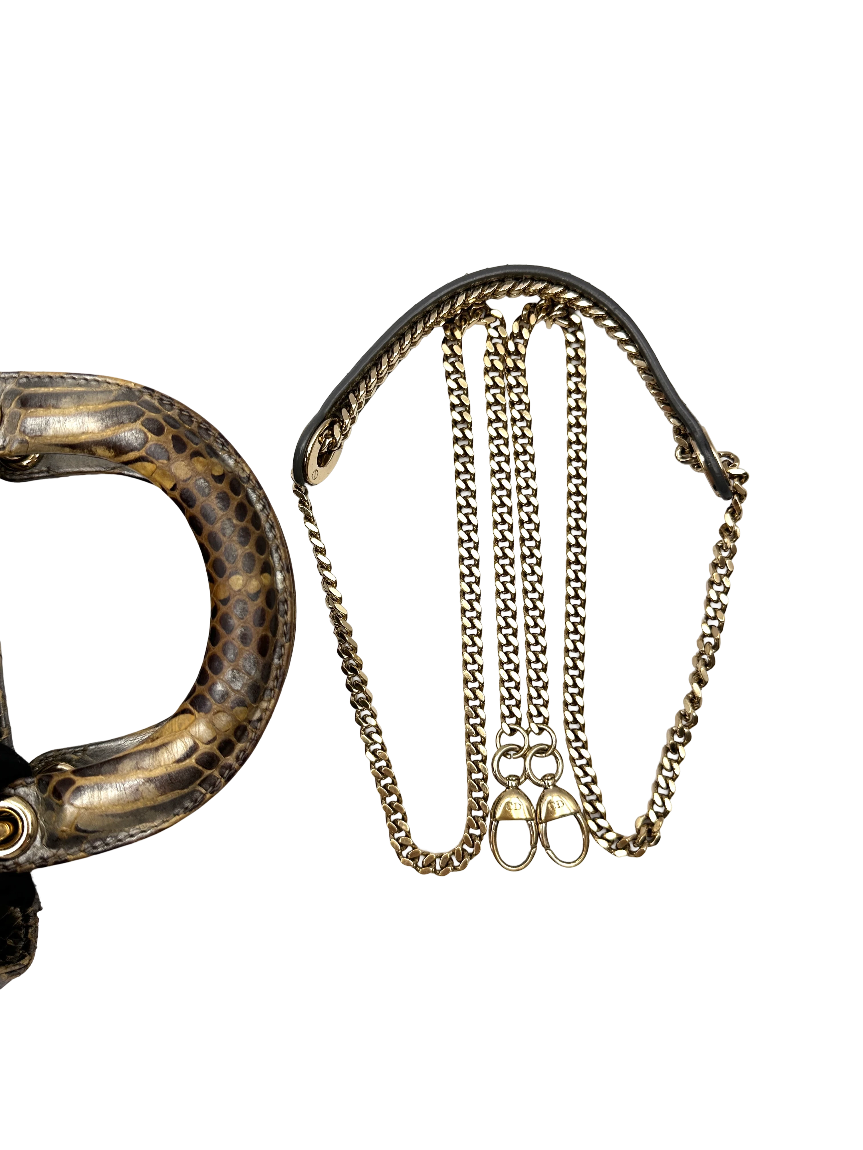 Christian Dior Lady Dior Gold Python Leather Handle Bag With Gold Charms DR814