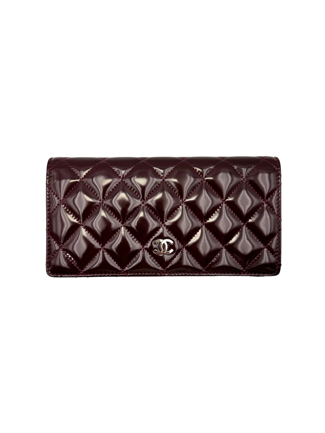 Chanel Burgundy Quilted Patent Leather Long Wallet(15***10) CC2201