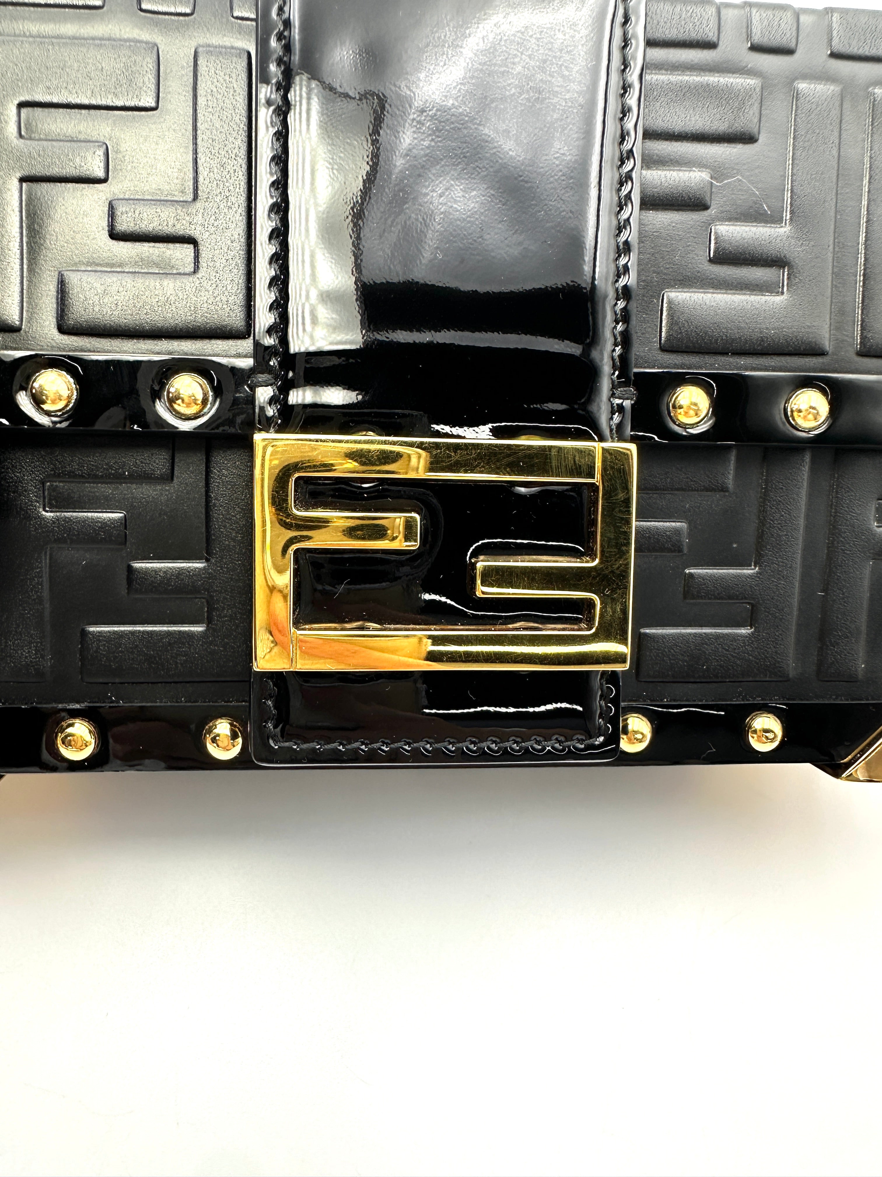 Fendi Baguette Trunk Black FF Embossed Leather Shoulder Bag IRIS253