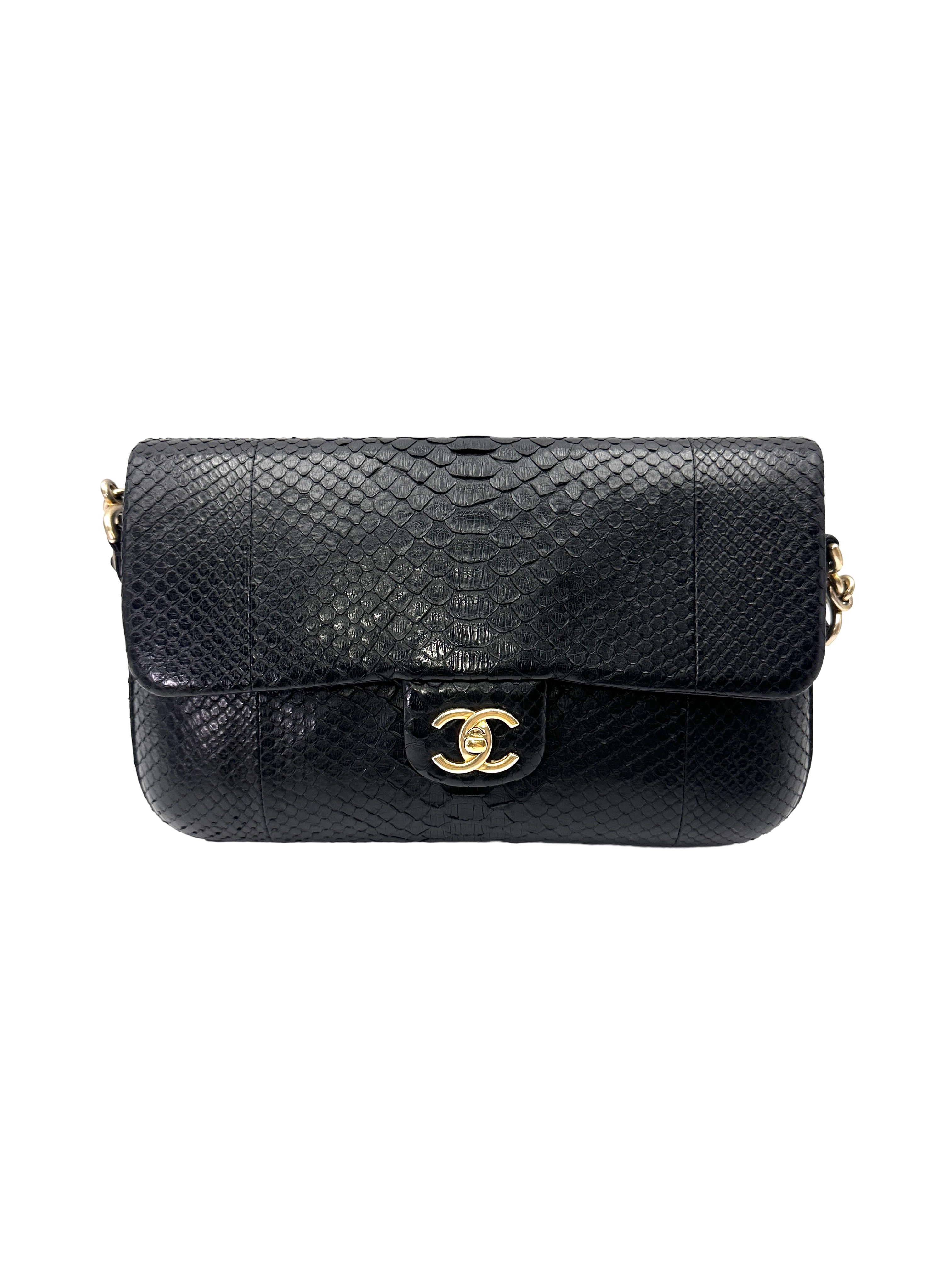 Chanel Classic Flap Black Python Leather Shoulder Bag With Gold Hardware(24***62) CC2217