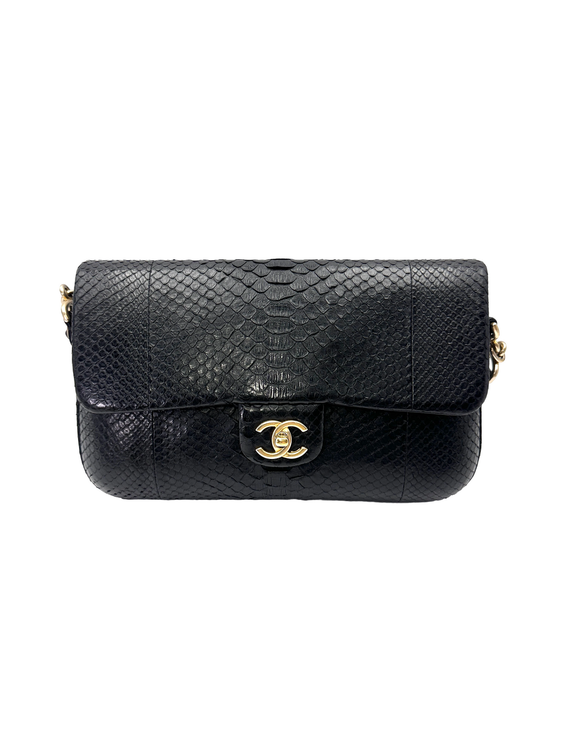 Chanel Classic Flap Black Python Leather Shoulder Bag With Gold Hardware(24***62) CC2217