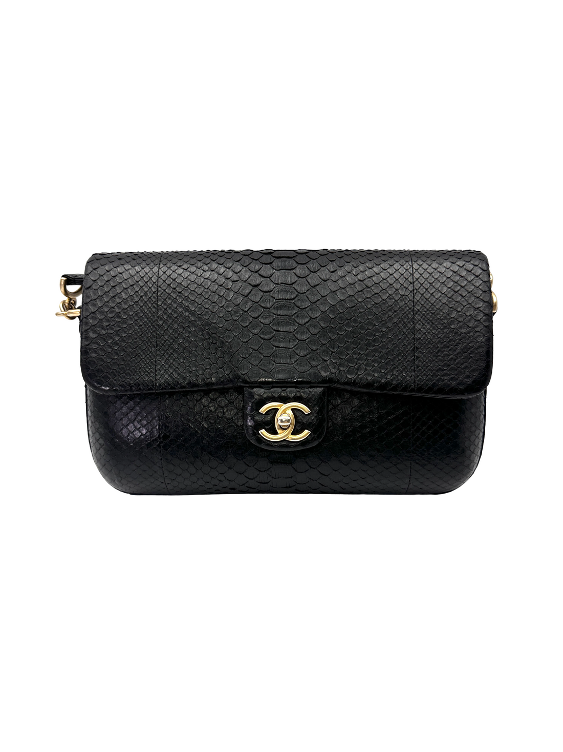 Chanel Classic Flap Black Python Leather Shoulder Bag With Gold Hardware(24***13) CC2218