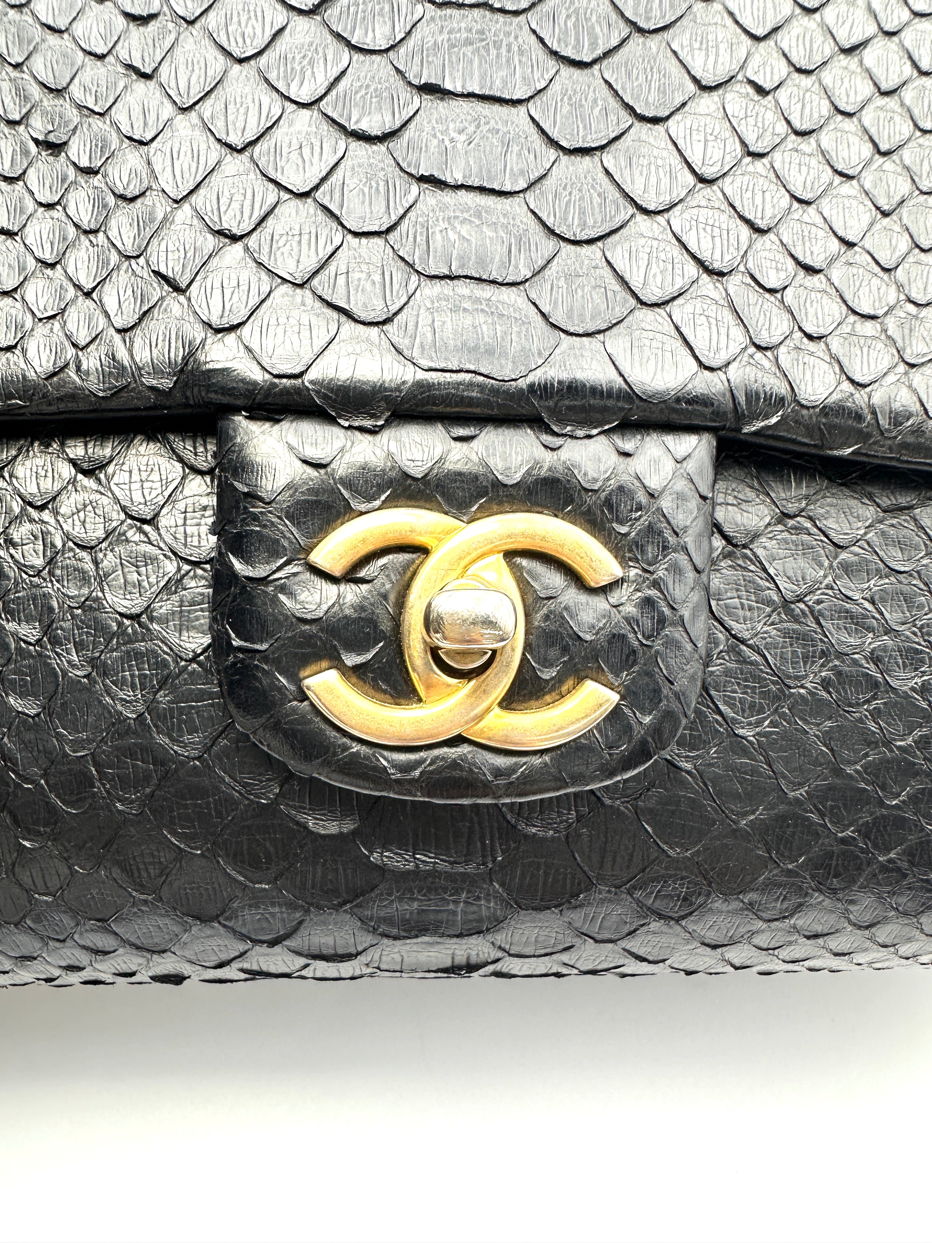 Chanel Classic Flap Black Python Leather Shoulder Bag With Gold Hardware(24***13) CC2218