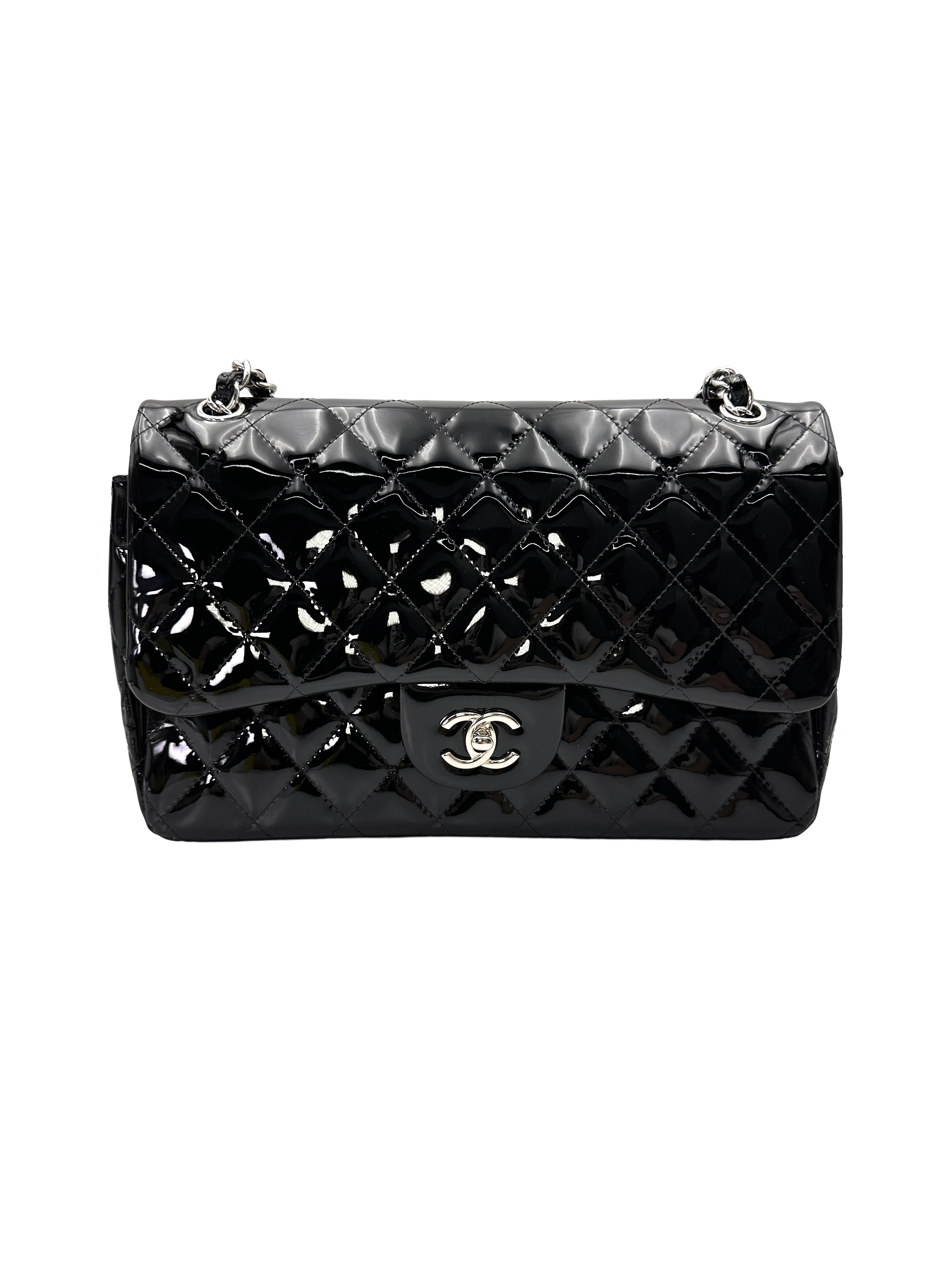 Chanel Classic Flap Black Quilted Patent Leather Jumbo Shoulder Bag With Silver Buckle(18***84)  CC2215