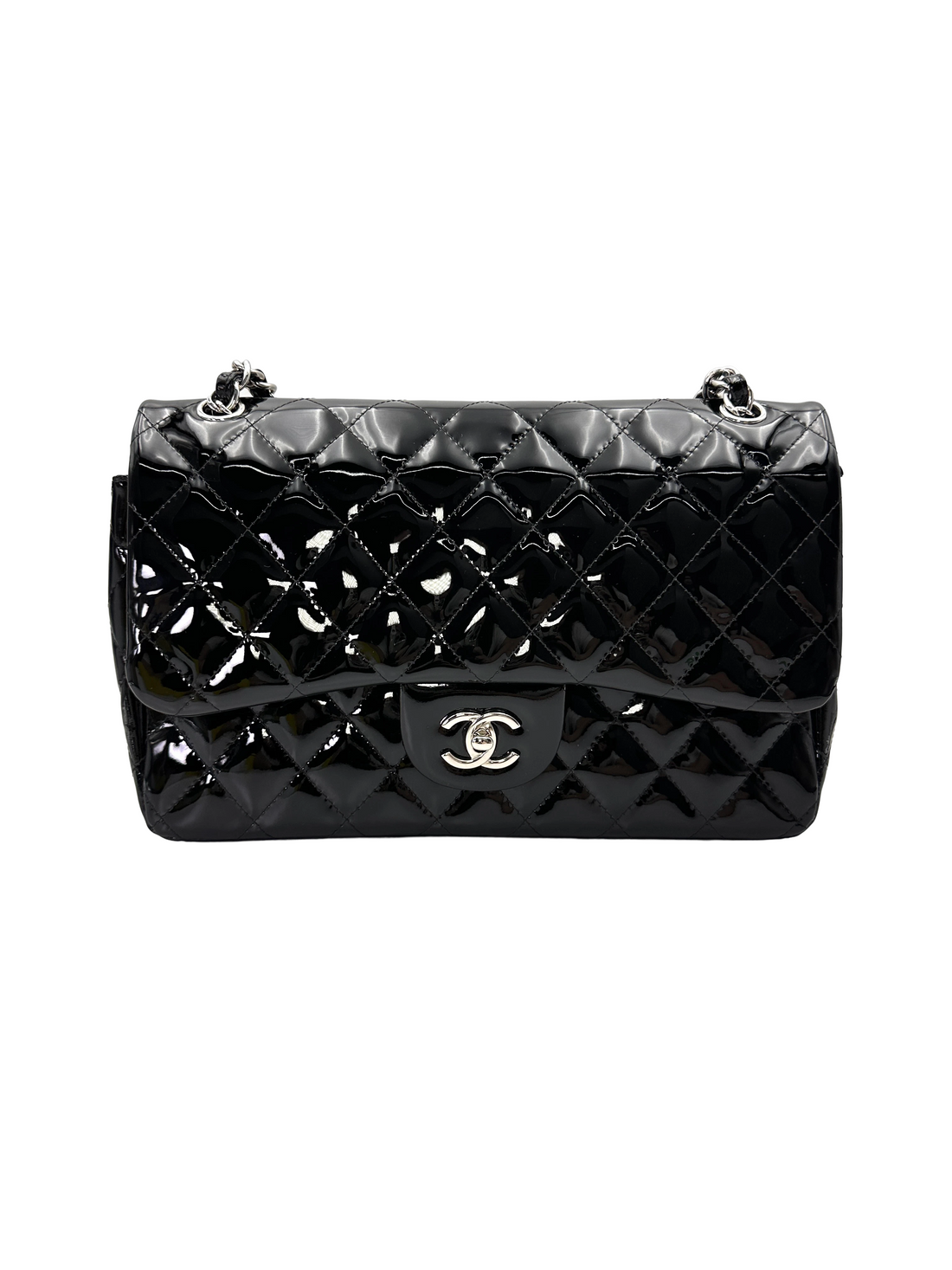 Chanel Classic Flap Black Quilted Patent Leather Jumbo Shoulder Bag With Silver Buckle(18***84)  CC2215