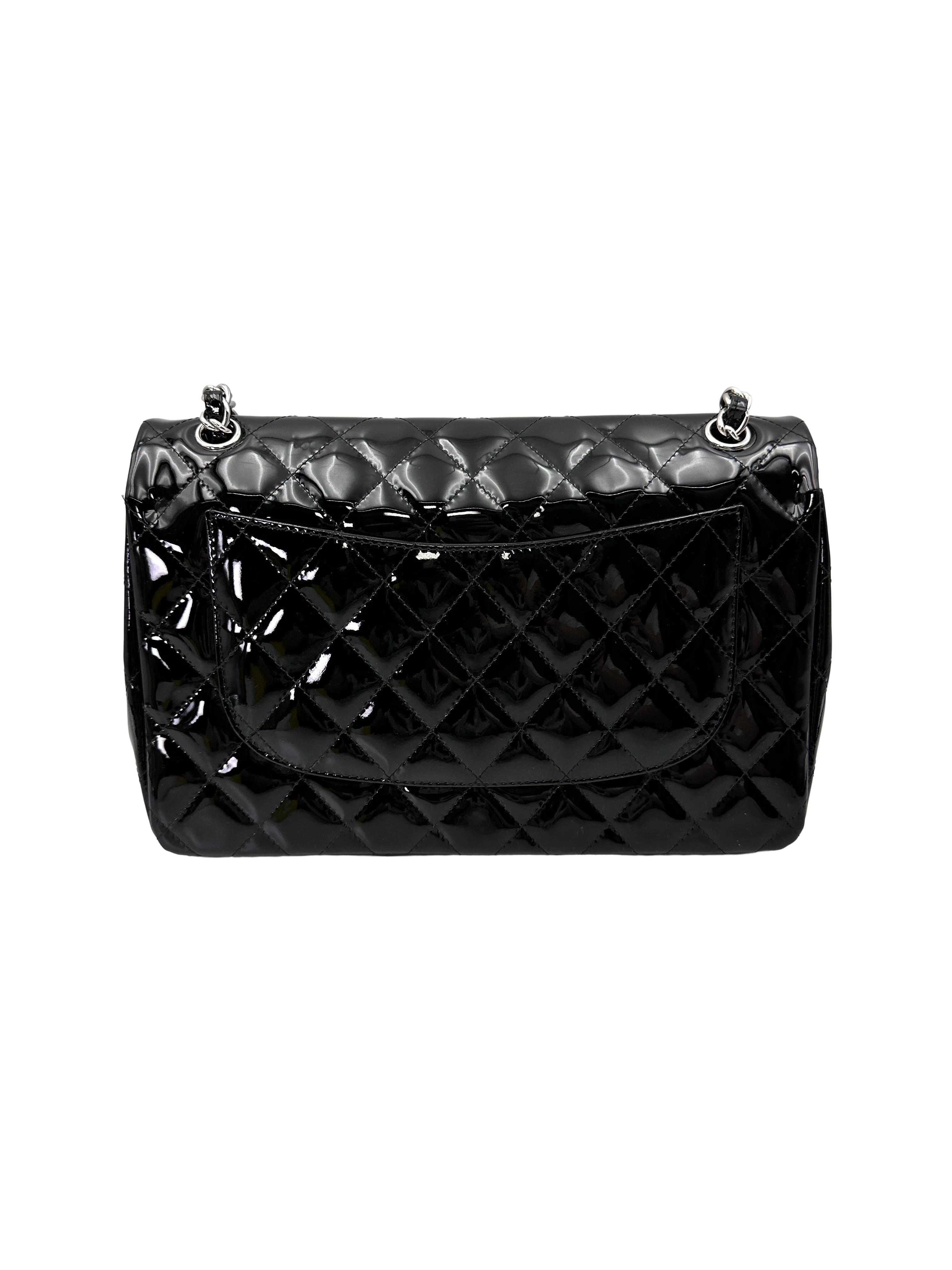 Chanel Classic Flap Black Quilted Patent Leather Jumbo Shoulder Bag With Silver Buckle(18***84)  CC2215