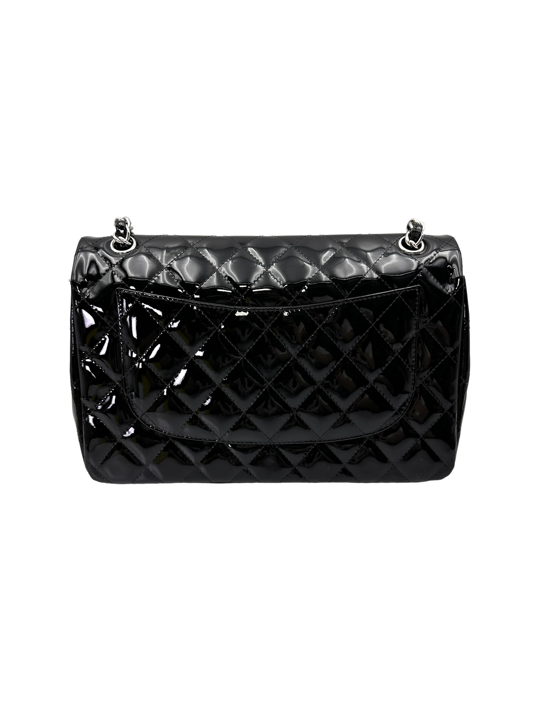 Chanel Classic Flap Black Quilted Patent Leather Jumbo Shoulder Bag With Silver Buckle(18***84)  CC2215