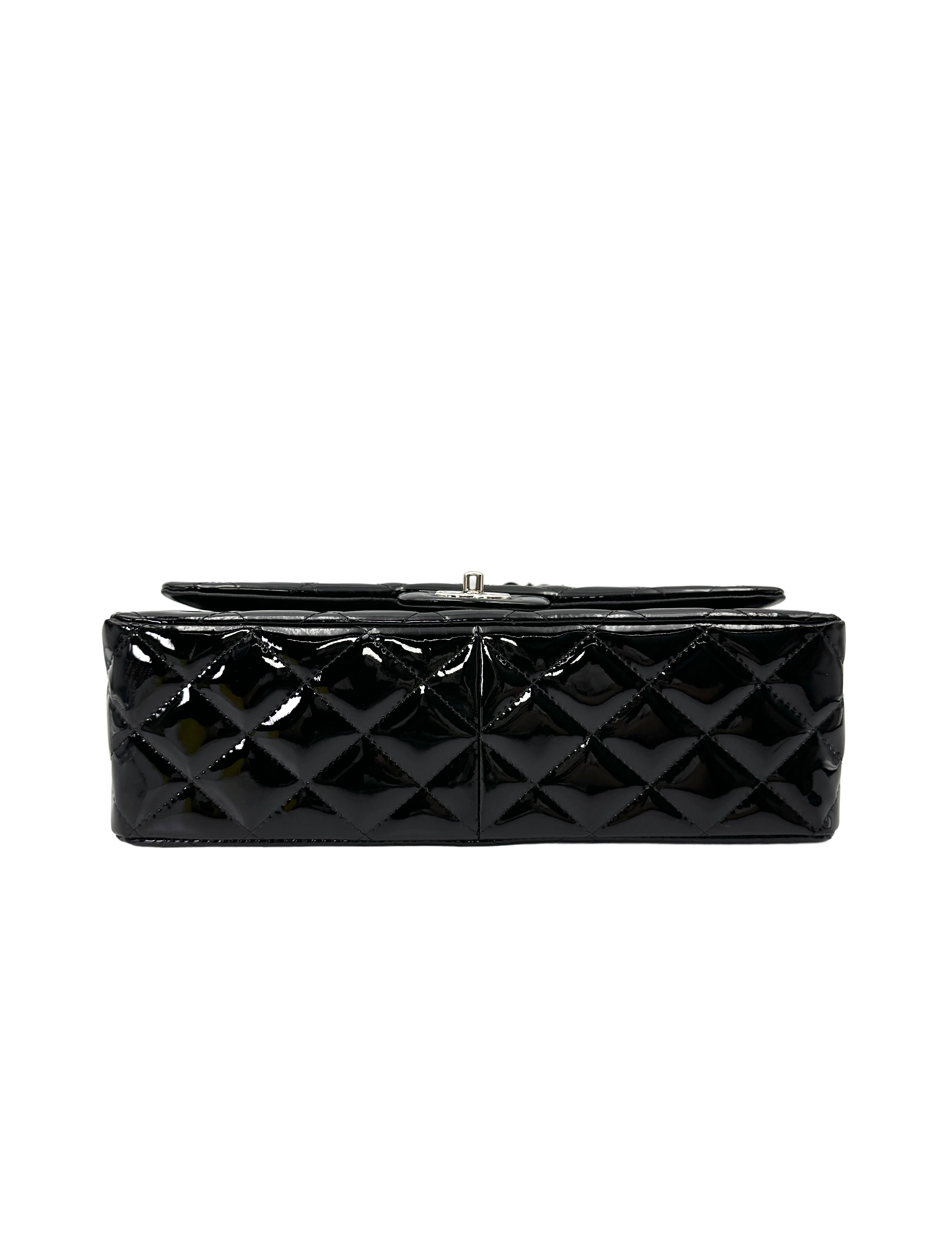 Chanel Classic Flap Black Quilted Patent Leather Jumbo Shoulder Bag With Silver Buckle(18***84)  CC2215