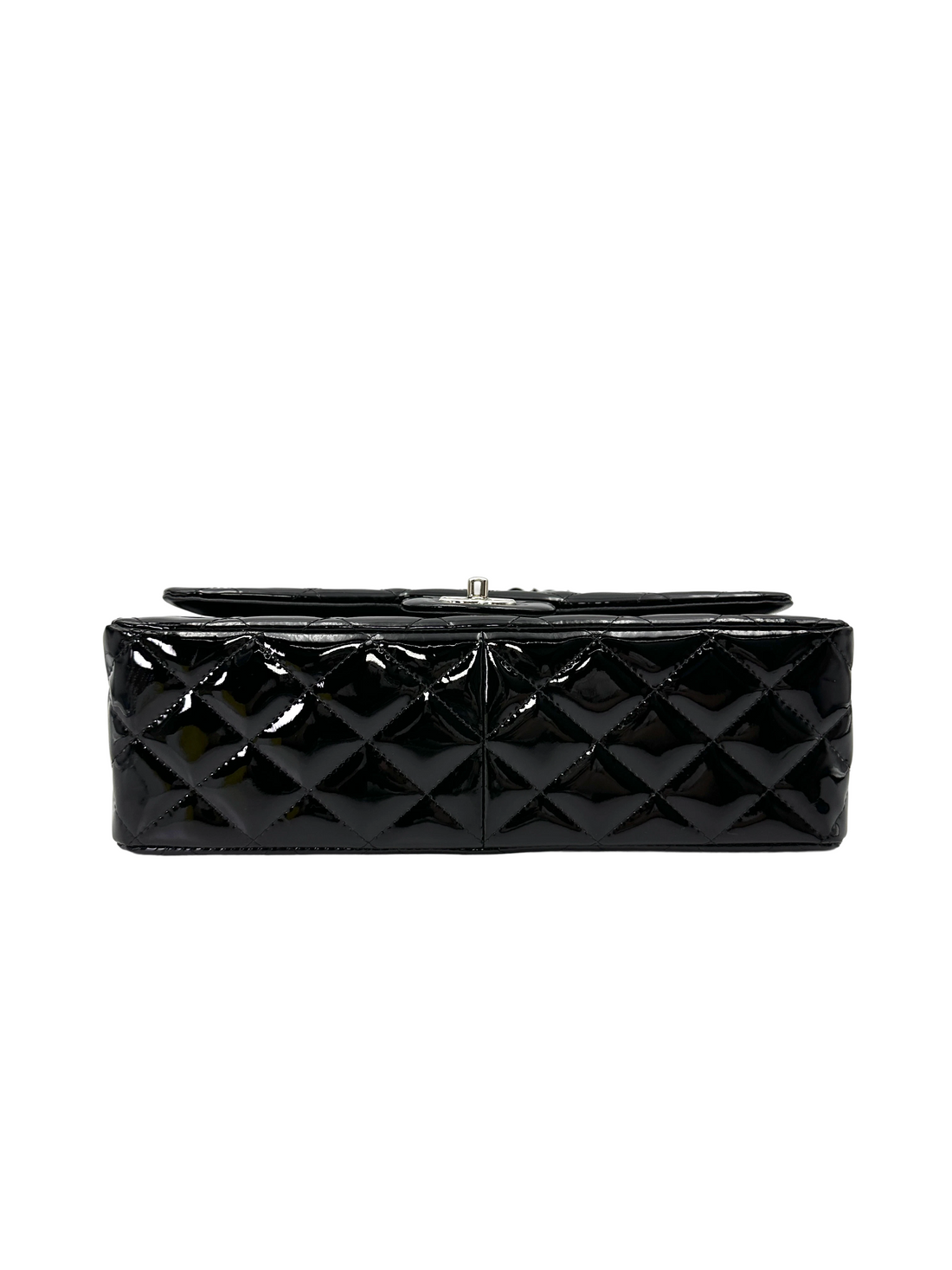 Chanel Classic Flap Black Quilted Patent Leather Jumbo Shoulder Bag With Silver Buckle(18***84)  CC2215